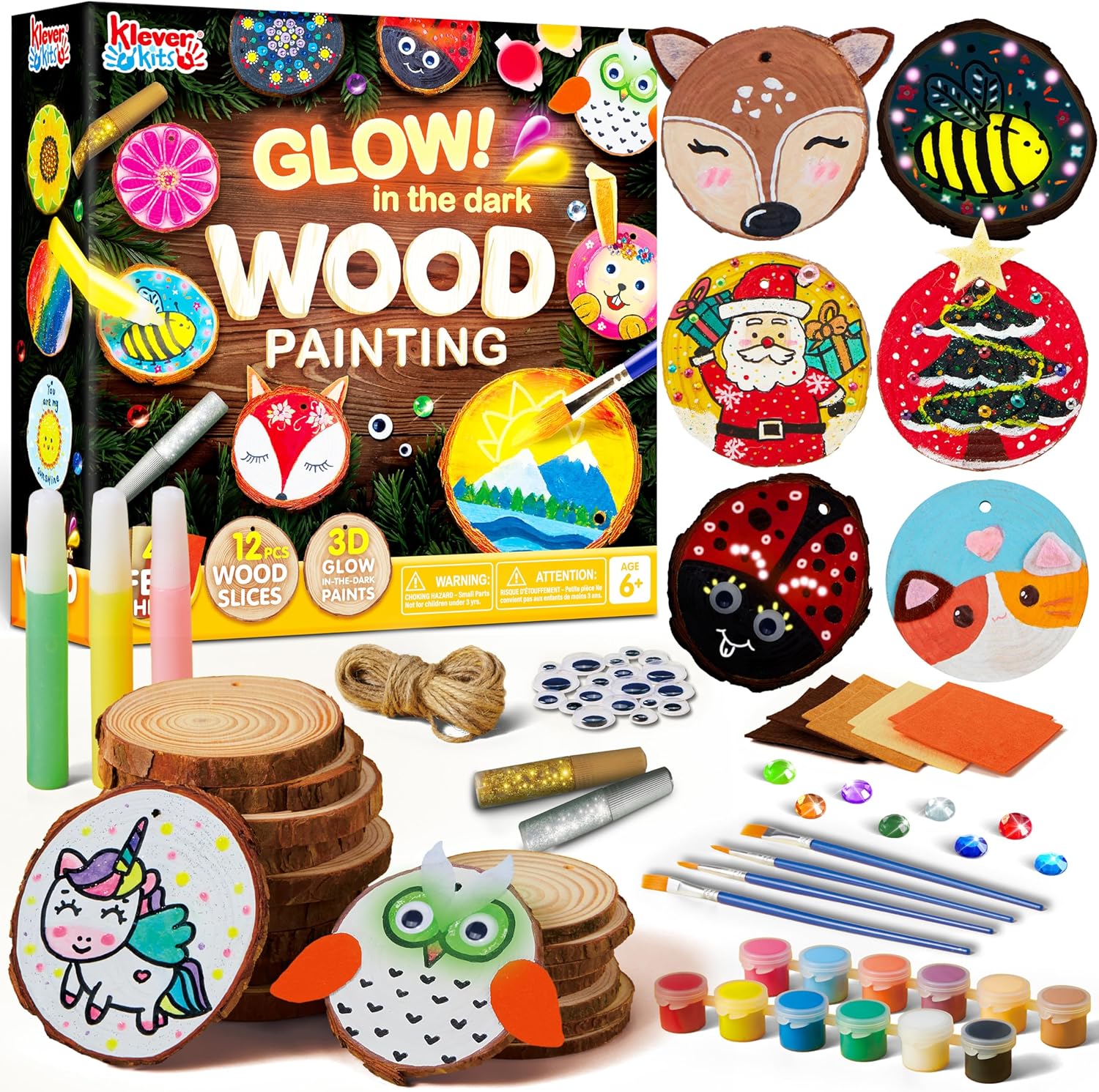 Klever Kits Wooden Painting Craft Kit-Glow in The Dark- Arts and Crafts for Kids Ages 6-12 Wood Slices with Art Activitiy Supplies, Wood Crafts for Boys Girls Party Gift Easter Painting