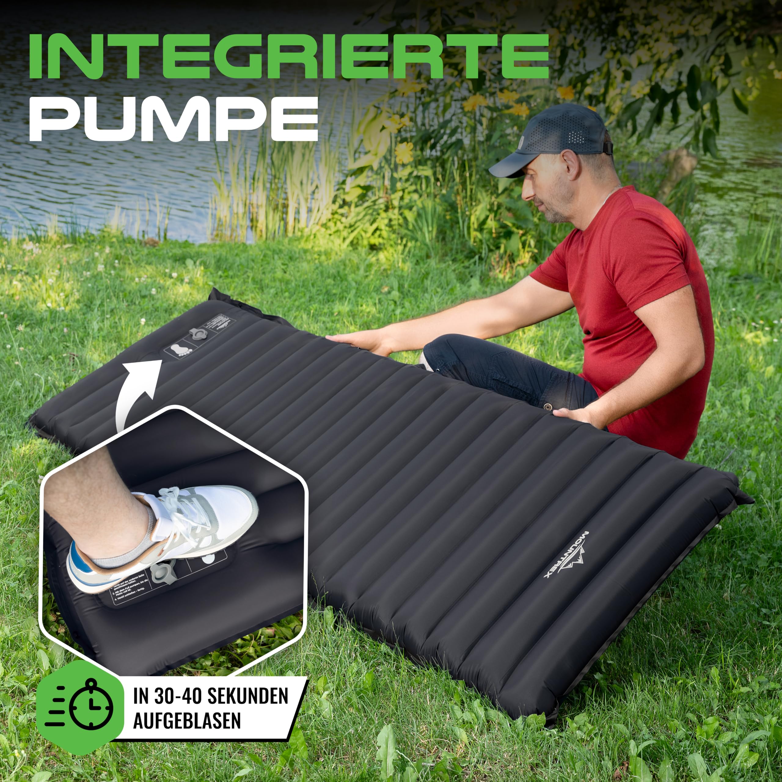 MOUNTREX Karimata – kempingowy materac dmuchany z pompką nożną, bardzo | Nadmuchiwany materac, mata do spania na świeżym powietrzu – 770 g, ultralekki, mały rozmiar po spakowaniu