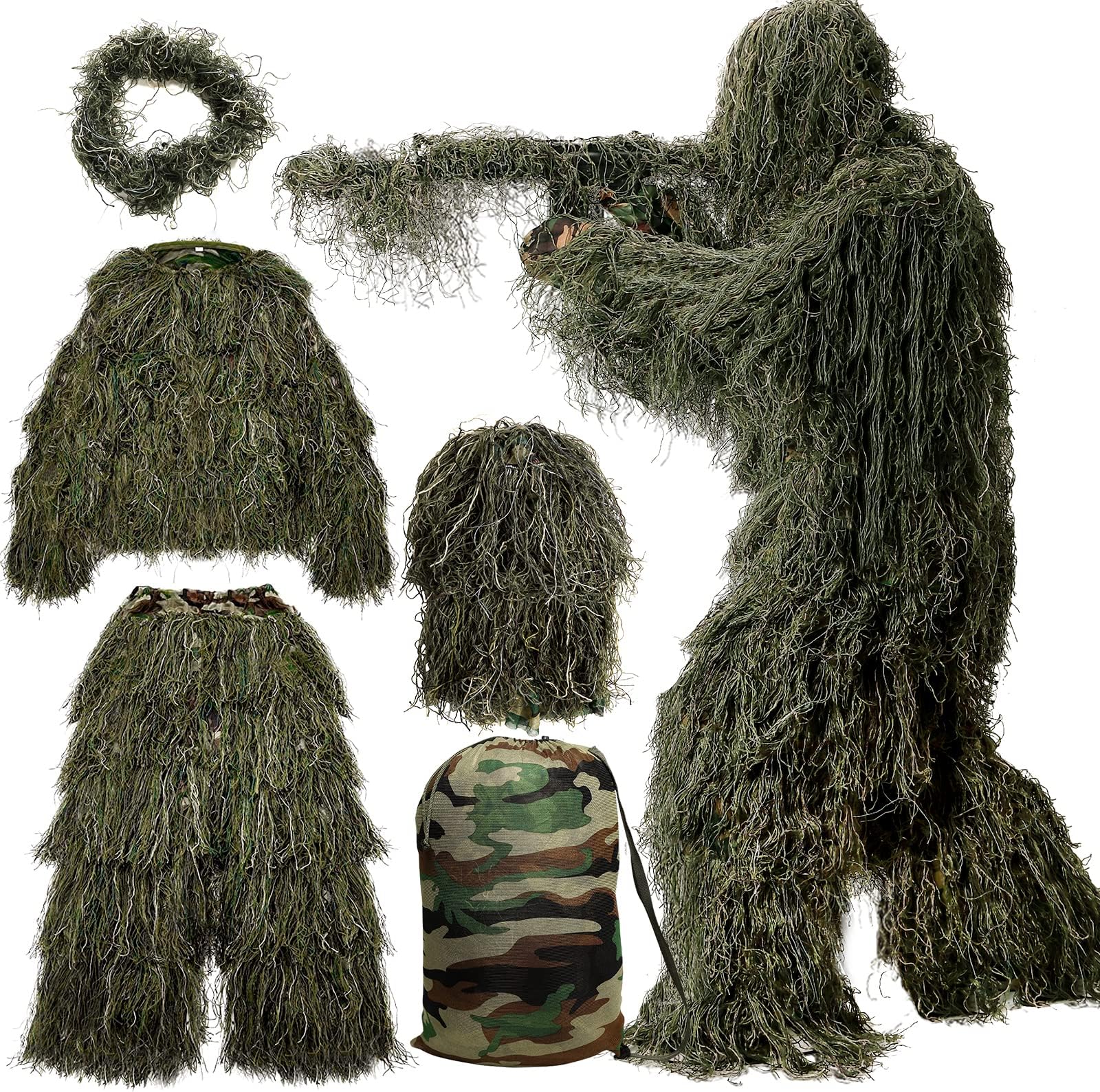 MOPHOTO 5 in 1 Ghillie Suit 3D Camouflage Hunting Suits - Jacket, Pants, Hood, Carry Bag for Adults & Youth, M/L/XL/XXL