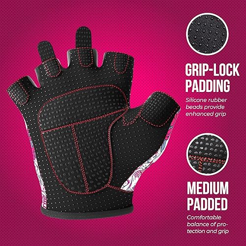 Miniatura 3 de Contraband Pink Label 5237 - Guantes de entrenamiento de diseñador para mujer, estampado de calavera de azúcar y acolchado Grip-Lock (rosa, L)
