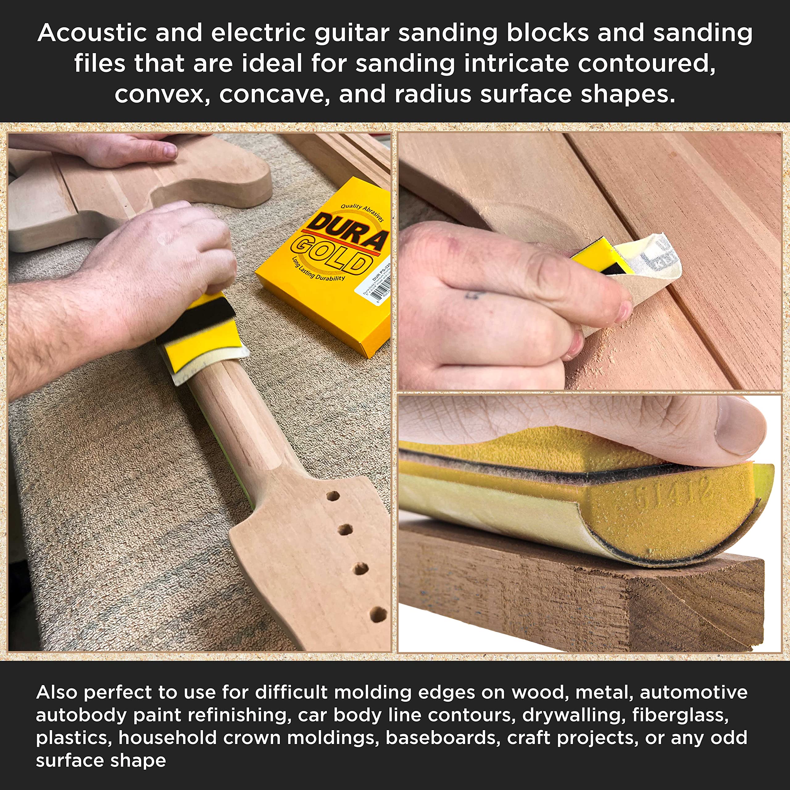 Dura-Gold Luthier Handschleifklotz-Set für Akustikgitarre mit 40 Blatt Klett-Schleifpapier-Set – Musikradius-Reparaturwerkzeuge, konvexe und konkave Profilformen, Feilenstifte – Sandholz