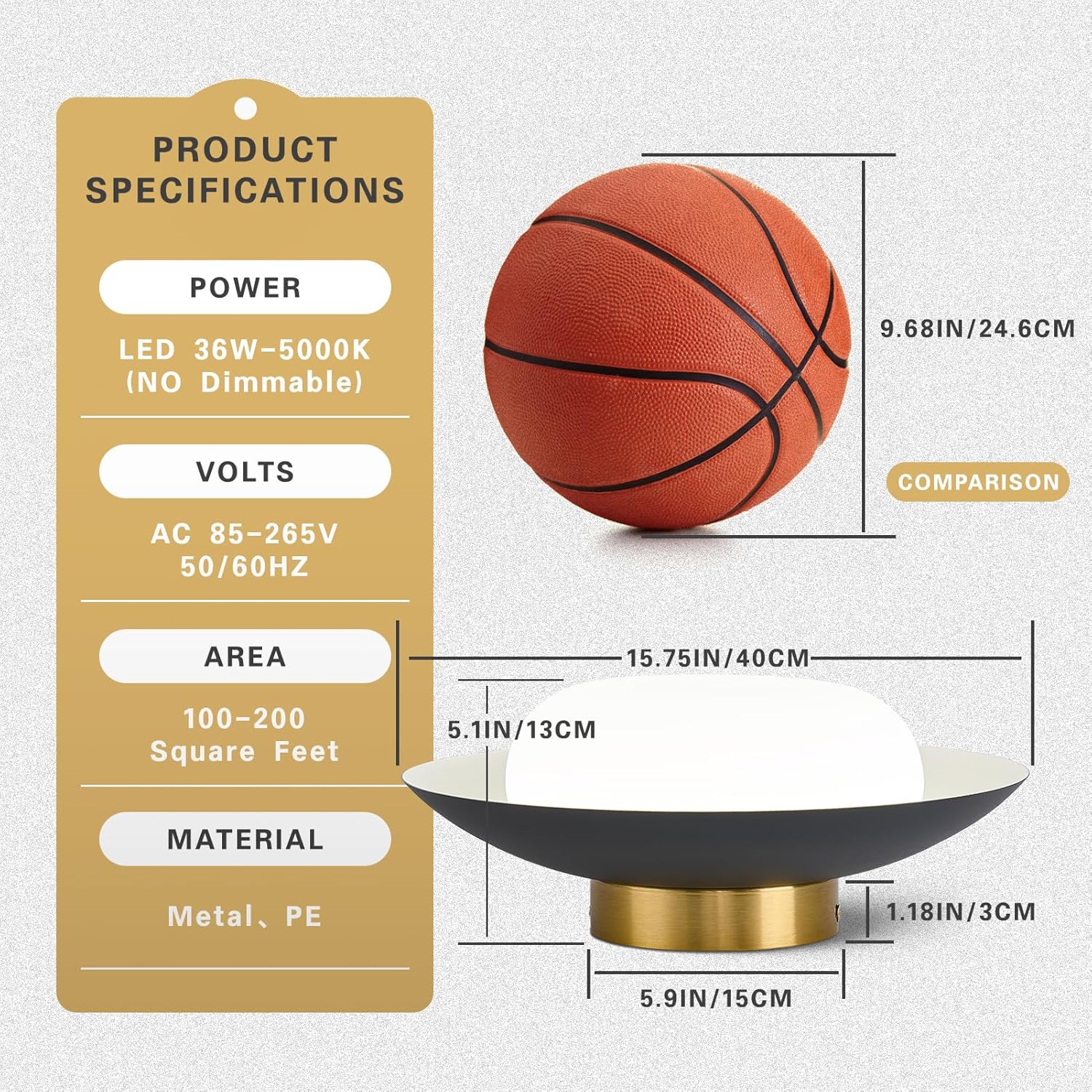 Modern LED Semi Flush Mount Ceiling Light Fixture,Round Matte Black and Gold Close to Ceiling Lamp Flushmount Lighting Fixtures for Kitchen Master Bedroom Living Room Entryway,5000K,15.74 inch