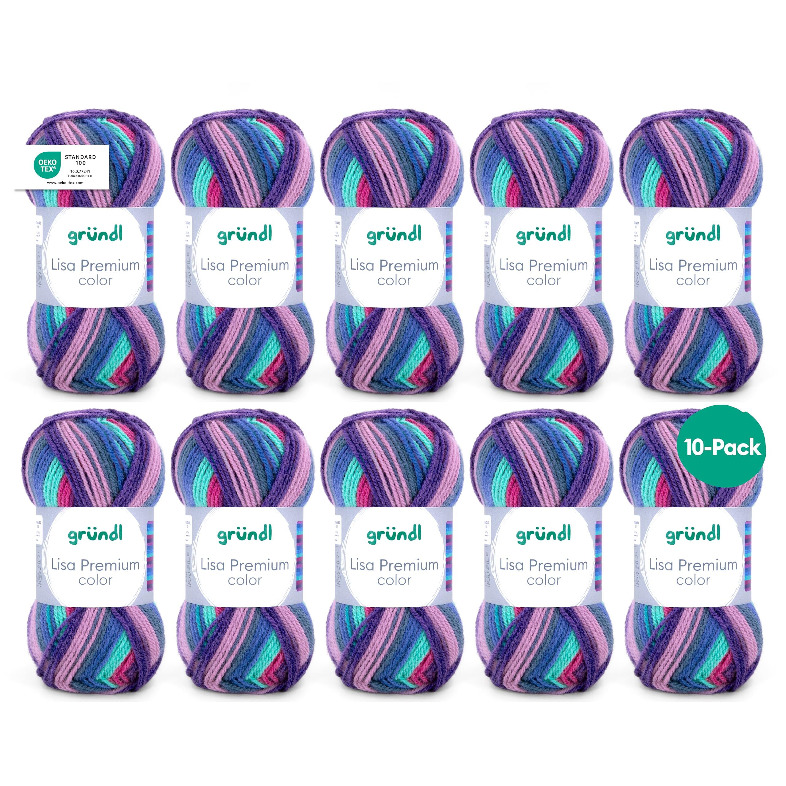 Gründl Wolle Lisa Premium color - Garn zum Stricken mit Farbverlauf - Strickgarn - Häkelgarn - Weich und hautfreundlich - 100% Polyacryl 10 Knäuel 50 g / 133 m -Nadelstärke 3,5-4,5 - seegrün-magenta