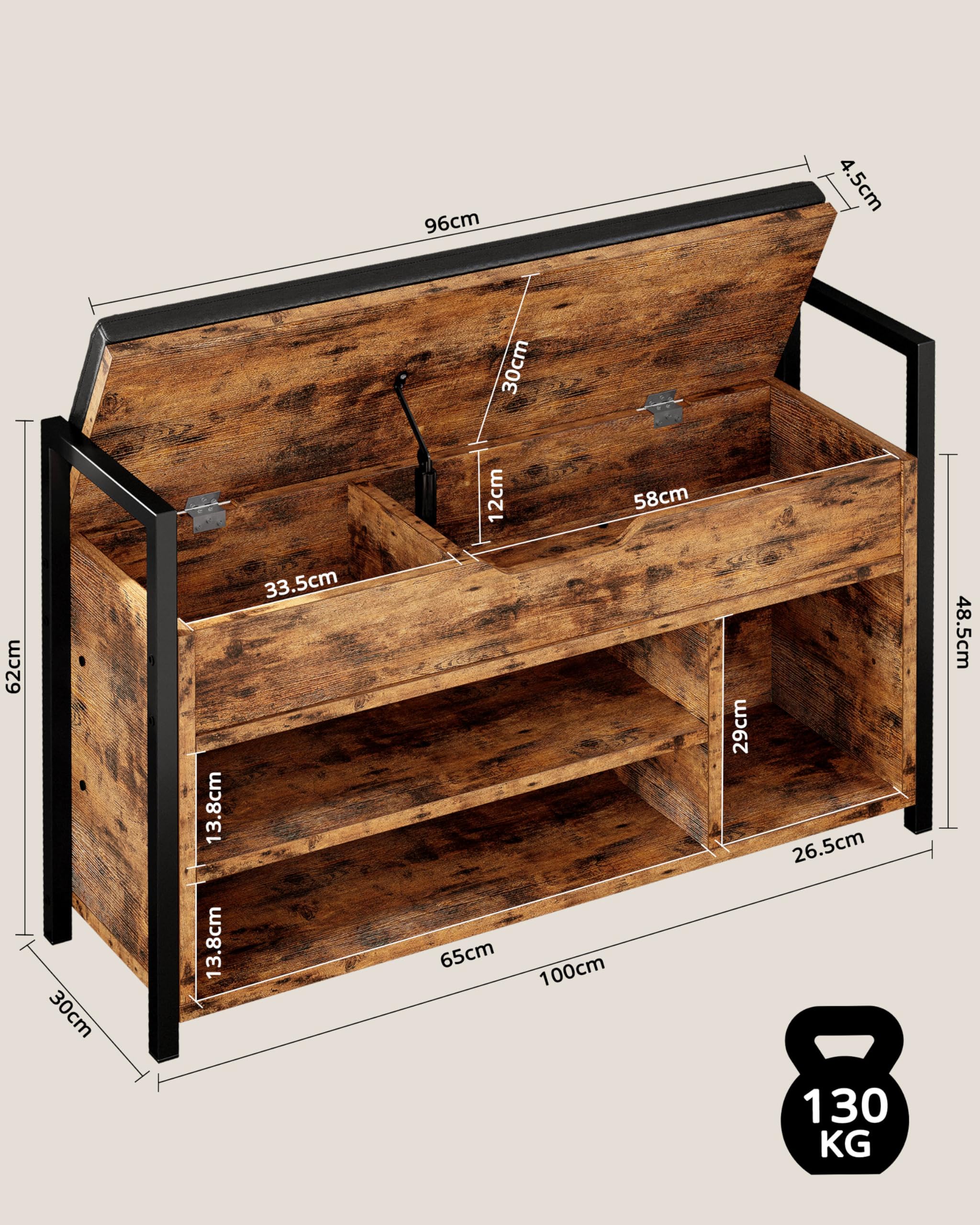 IRONCK Schuhbank mit Sitzfläche, Sitzbank mit Stauraum, Schuhschrank,100x30x62cm, 3 offene Fächer, Kunstleder, 130kg belastbar, Schuhregal für Eingang,Flur,Wohnzimmer,Schlafzimmer (Vintagebraun)
