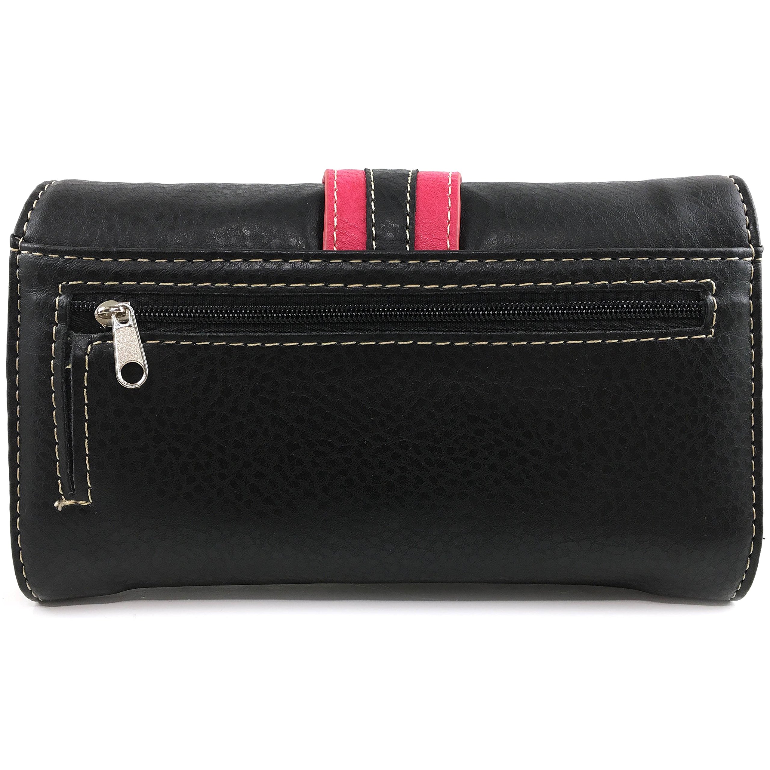 Justin West Western Floral Rhinestone Side Pocket Cross Slim Handle Handbag Purse Tote and Strap Wallet (Black Hot Pink Wallet Only)