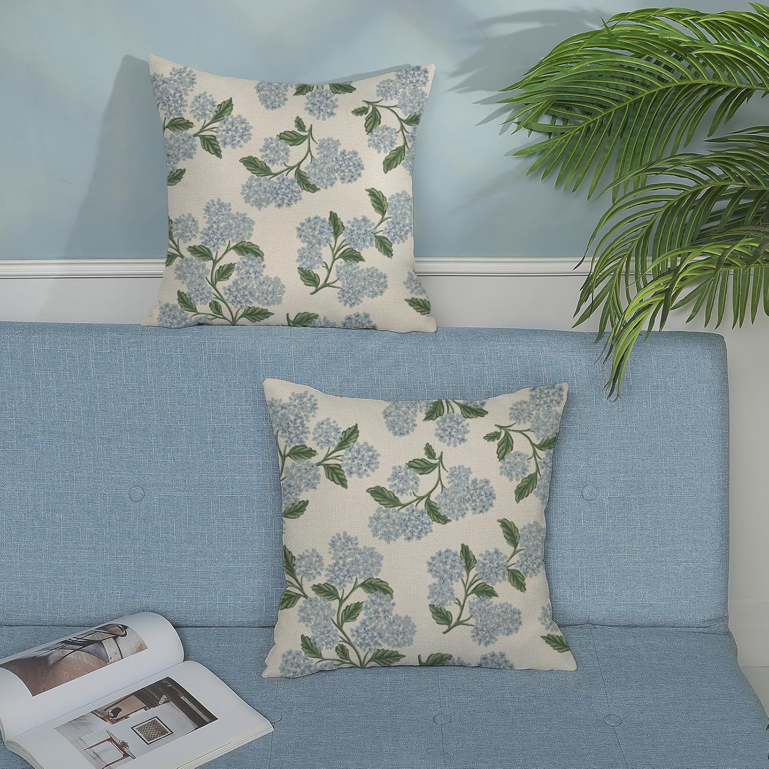Spring Pillow Covers 18x18 Inch 2 Pcs Blue Green Hydrangea Flower Decor Throw Pillows Vintage Floral Seasonal Summer Outdoor Decoration Pillowcase Linen Cushion Cover for Couch Sofa - Image 3