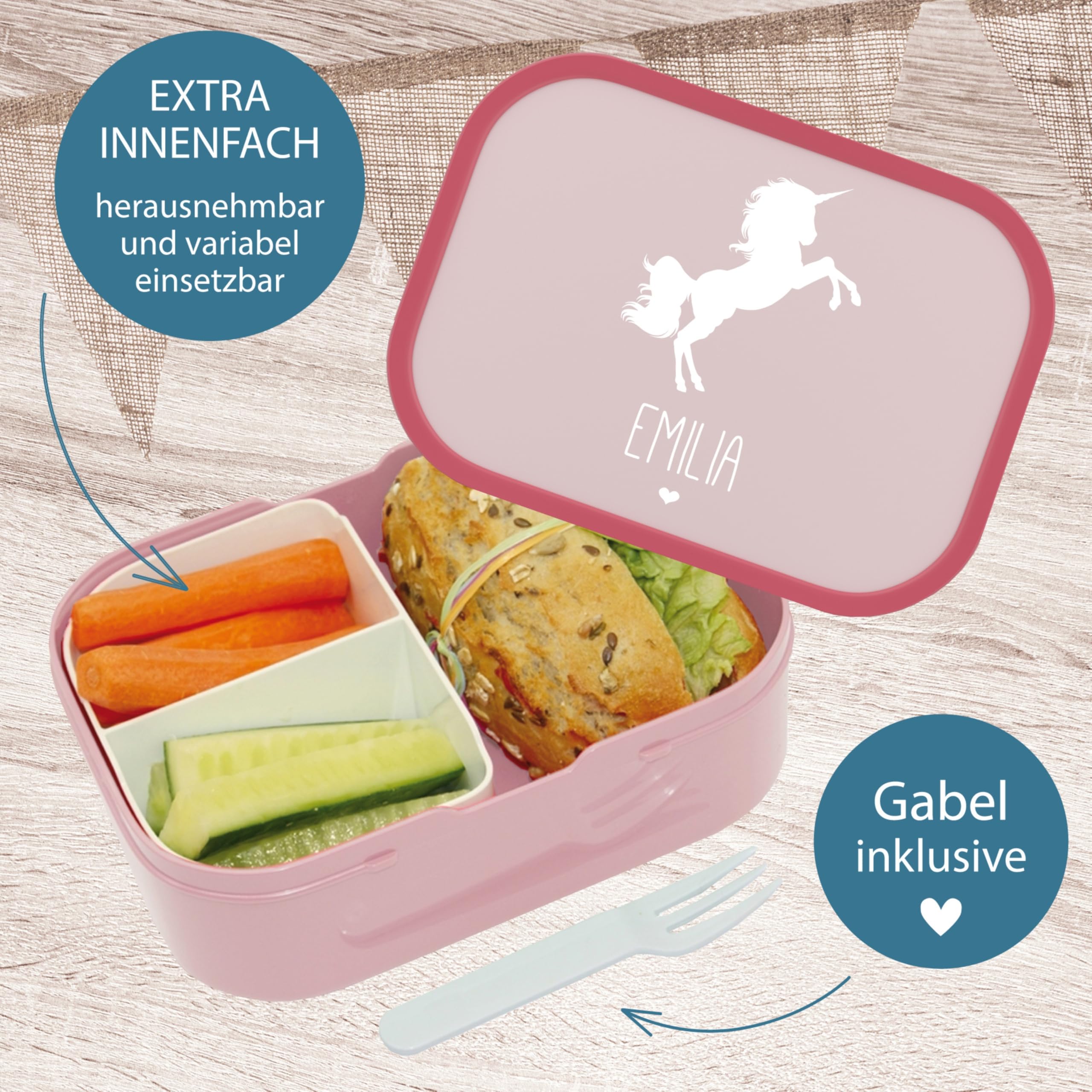 4youDesign Set: pinke Brotdose & Trinkflasche -EINHORN Silhouette- personalisiert mit Namen – inkl. Bento Box, Gabel & Pop-Up Flasche, Geschenk für Kinder (Cool Pink)
