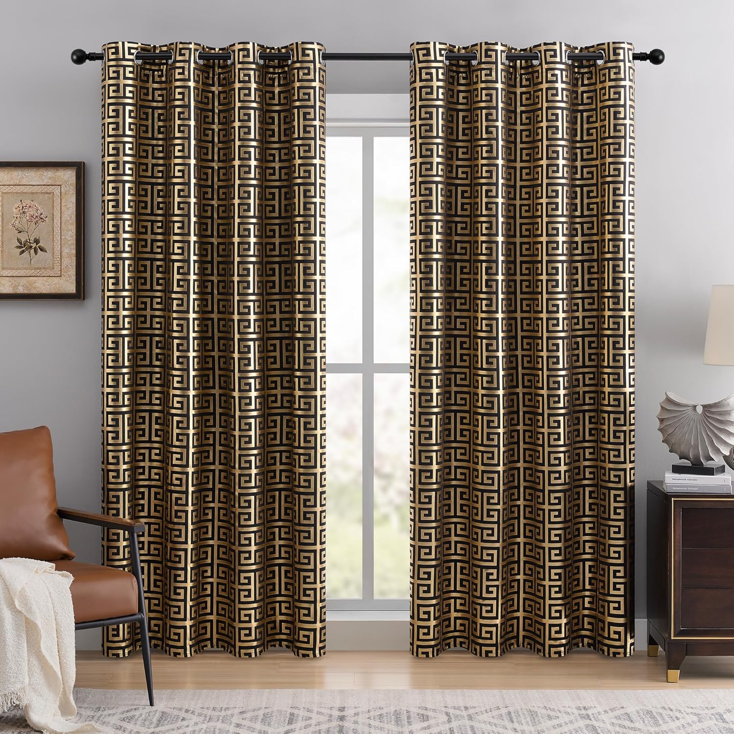 100% Blackout Curtains for Bedroom – Black Gold Foil Print, Thermal Insulated & Noise Reducing Drapes, Grommet Top Window Panels, Set of 2 (Greek Key, W52×L96)