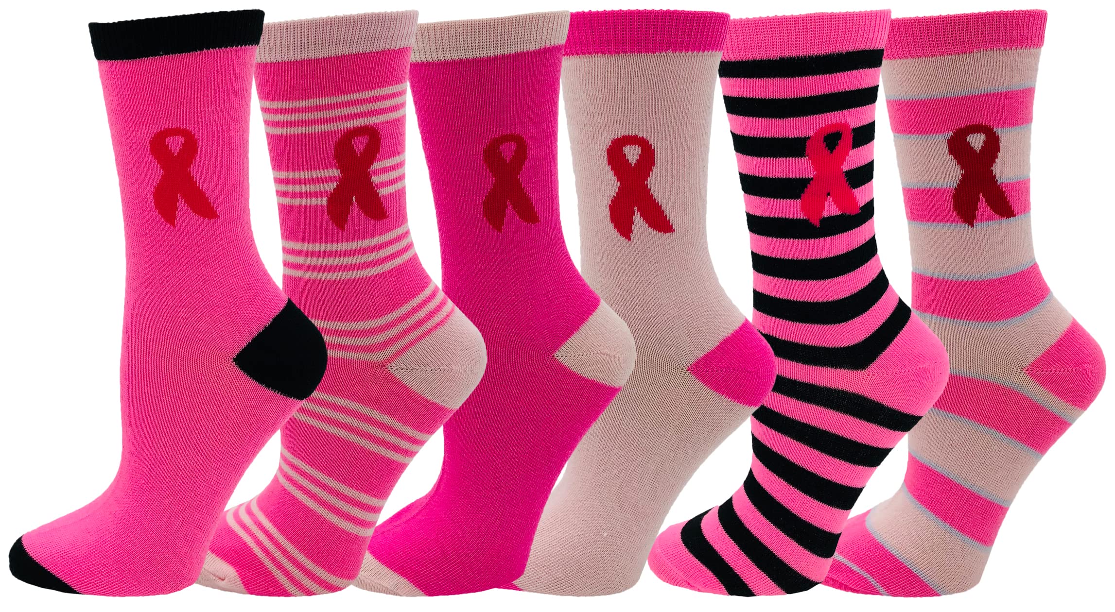 6 Pairs Womens Breast Cancer Awareness Socks, Pink Ribbon Soft Sport Sock Bulk Pack