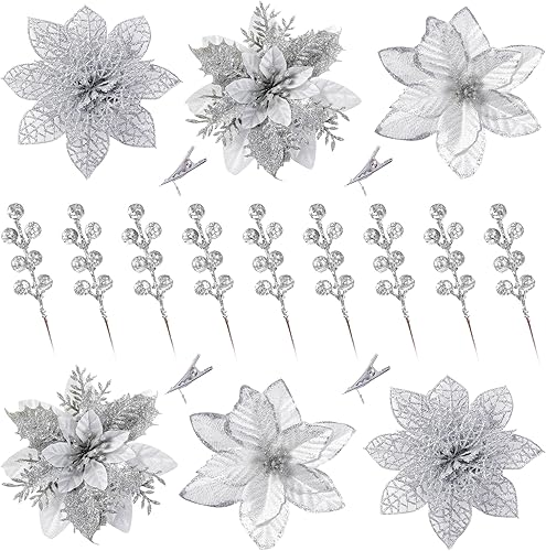 Miniatura 8 de Sggvecsy 30 piezas de 3 estilos de flores de pascua con purpurina de Navidad, púas de bayas artificiales, adornos para árbol de Navidad, flores