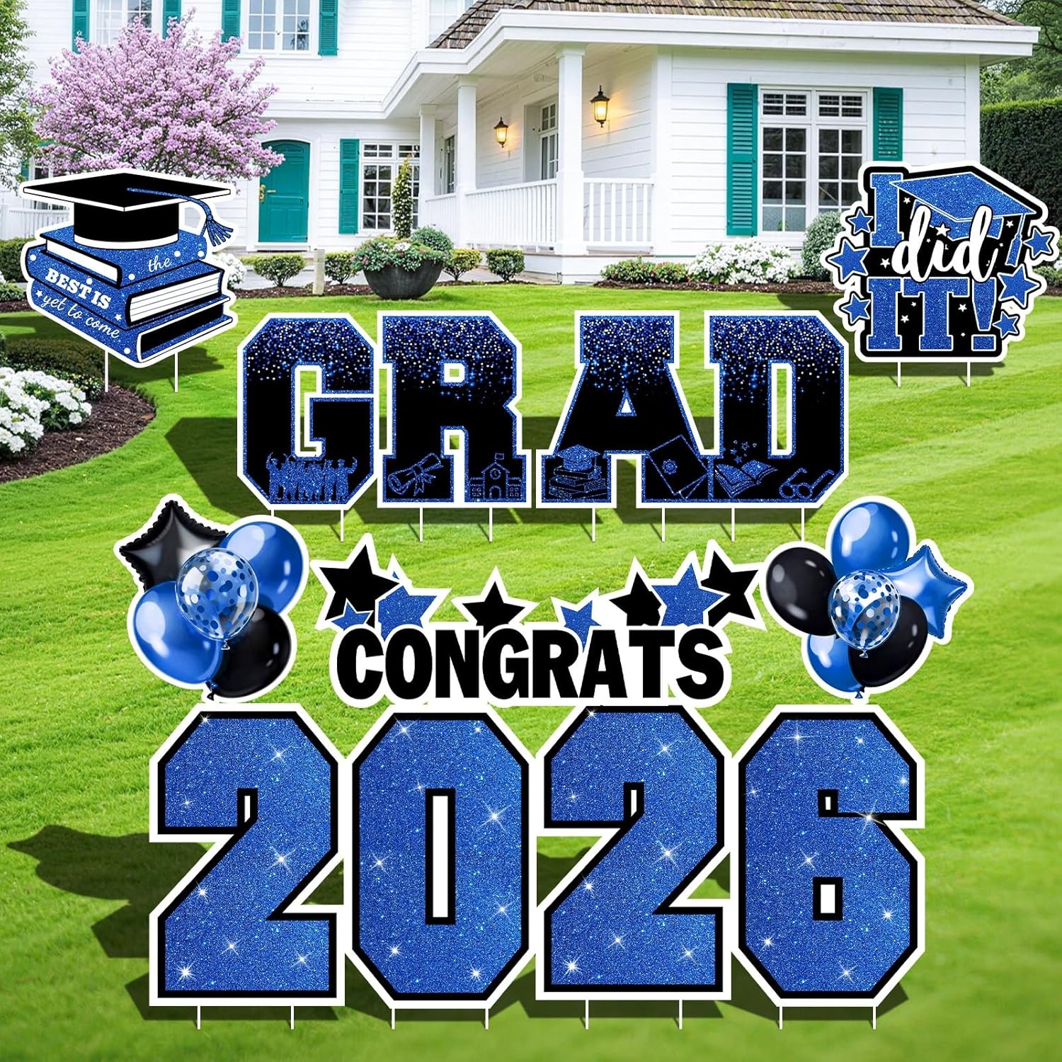 Graduation Yard Signs Class of 2026 Decorations, 11PCS Blue Black Congrats Grad 2026 Lawn Sign Large Yard Decor with Stakes for Outdoor Senior High School College Garden Prom Send Off Party Supplies