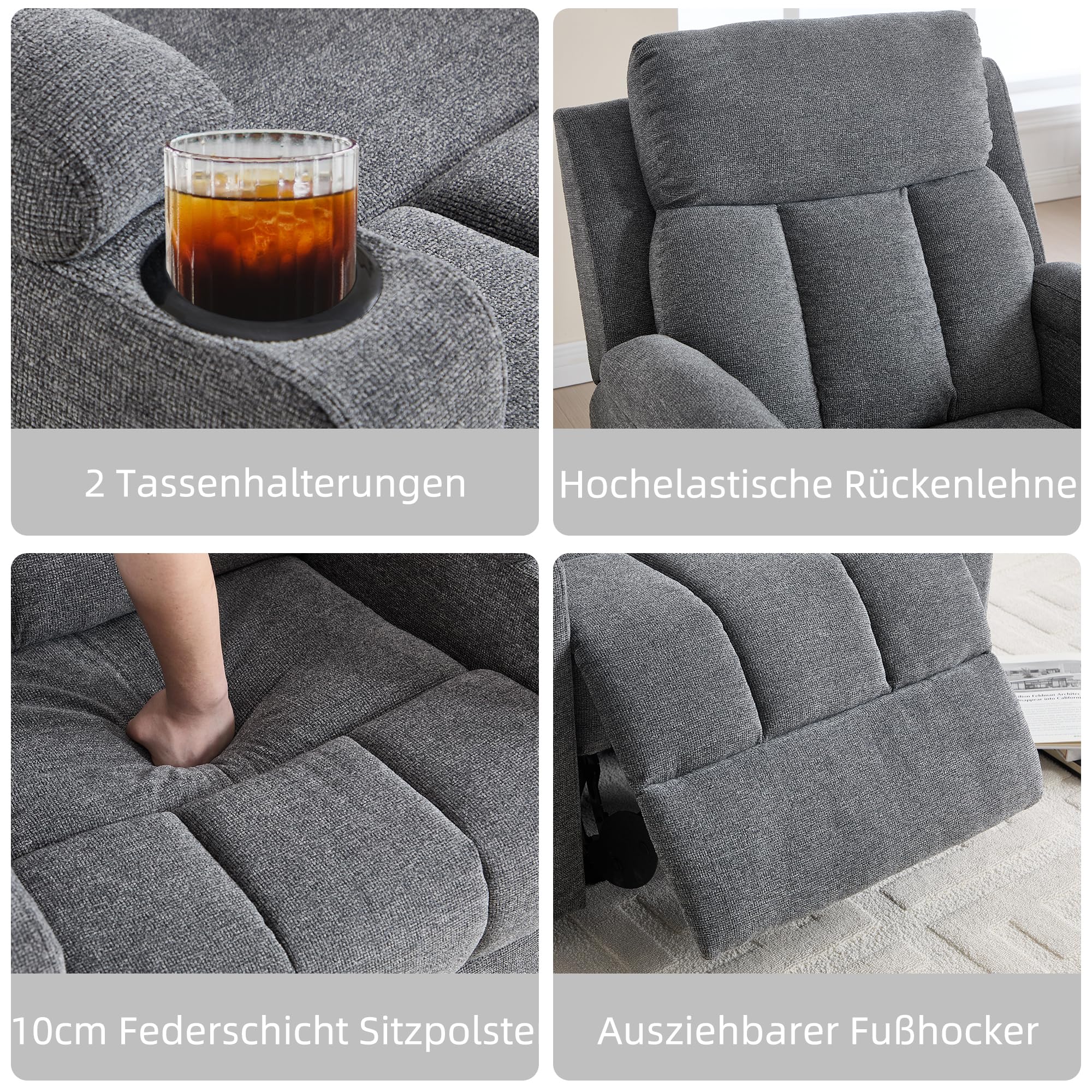 EBELLO Fernsehsessel mit Liegefunktion, Relaxsessel Manuell Verstellbar,TV-Sessel mit Getränkehalter und Weiche Kopfstütze, Schlafsessel mit Armlehnen und Fußstütze für Wohnzimmer, Dunkelgrau