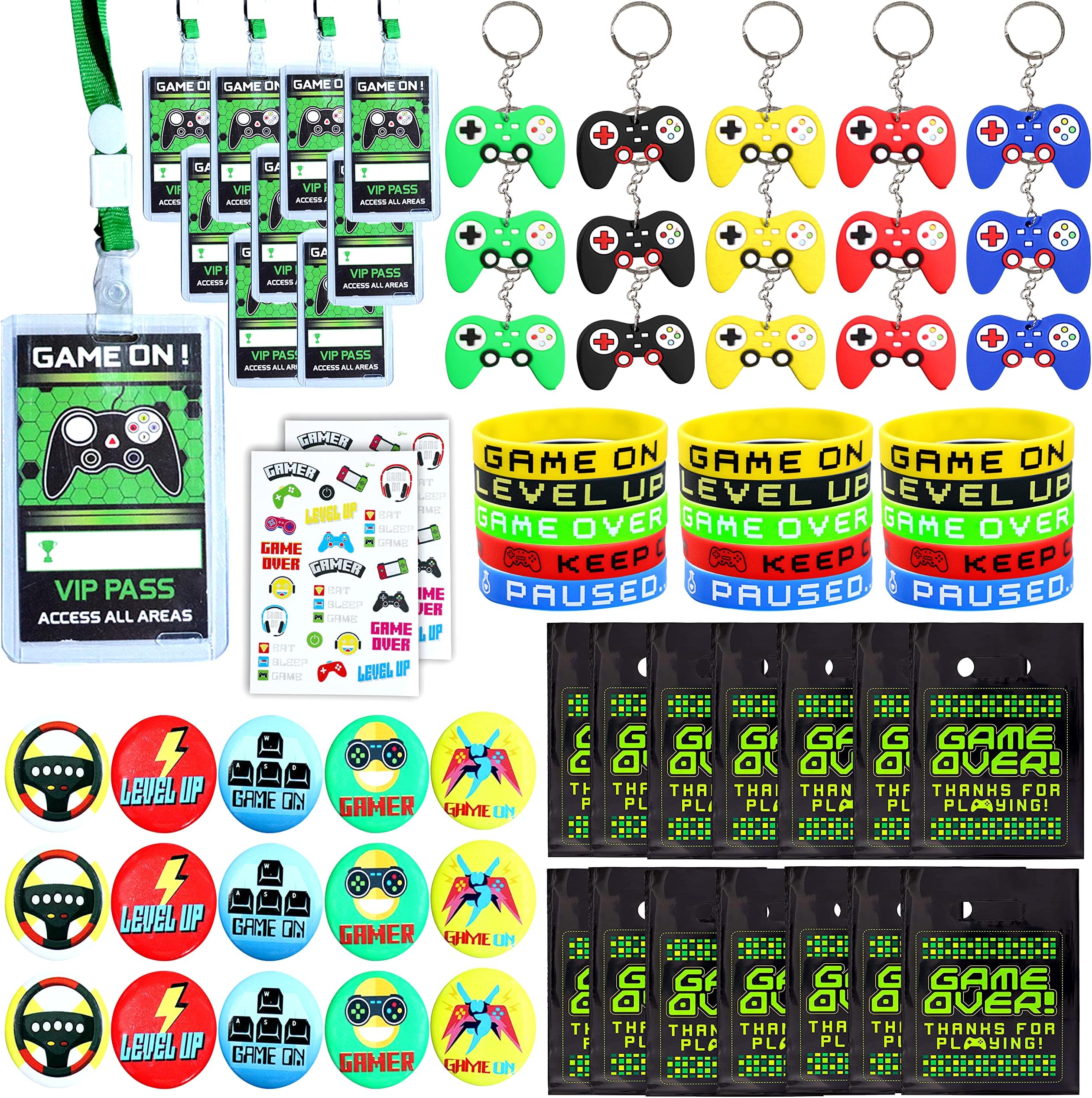 Empire Party Supply 136 Pcs Video Game Party Favors for Kids, Gaming Party Favors - 15 set of VIP Pass Holder Keychain Wristband Button Pins Treat Bags Tattoos, Gamer Boys Birthday Goodie Bag Fillers