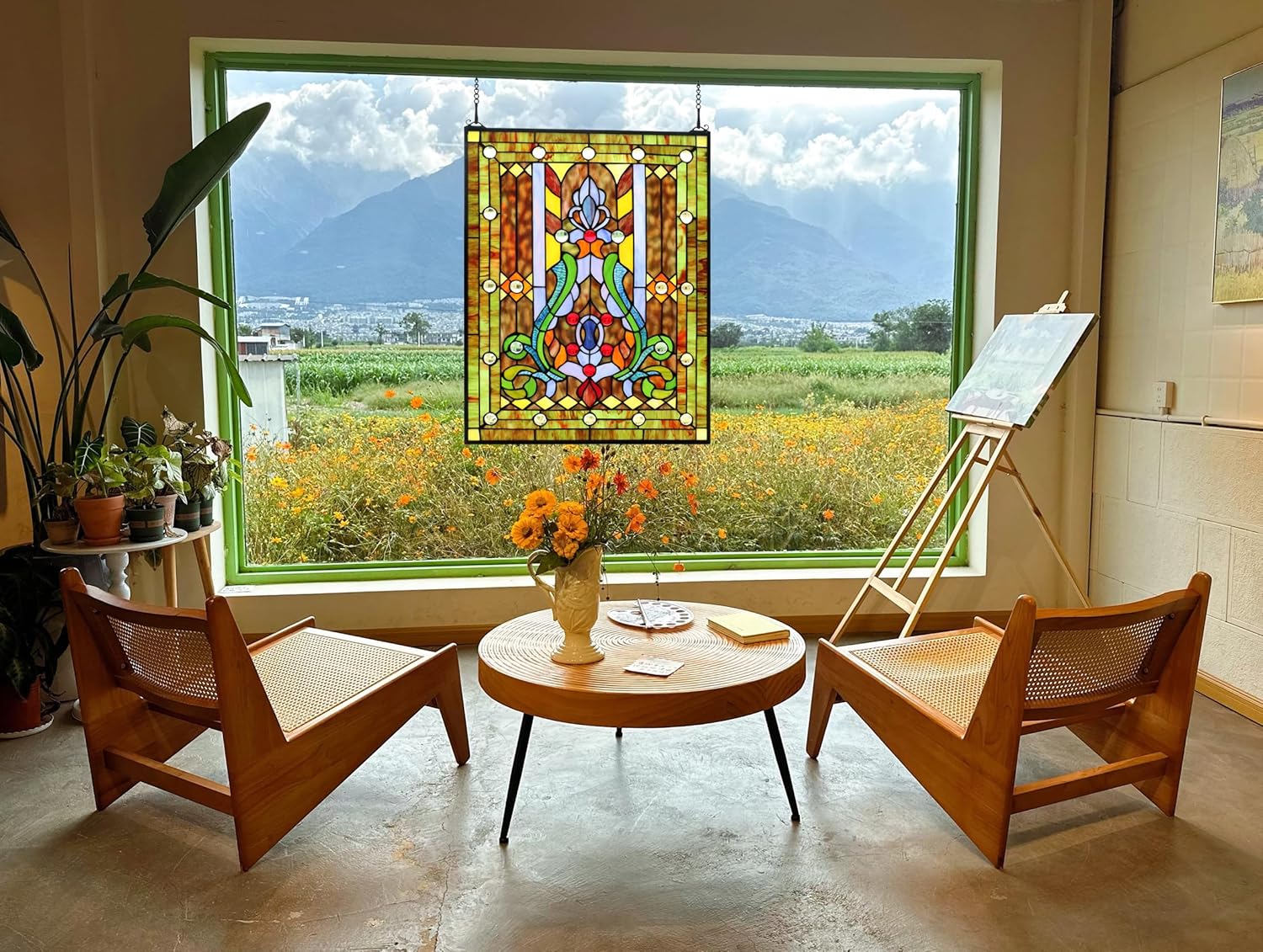 YonLouky Large Stained Glass Window Hanging 18.9"×24.8", 100% Real Flower Stained Glass Panel for Home Decor（YLK013）