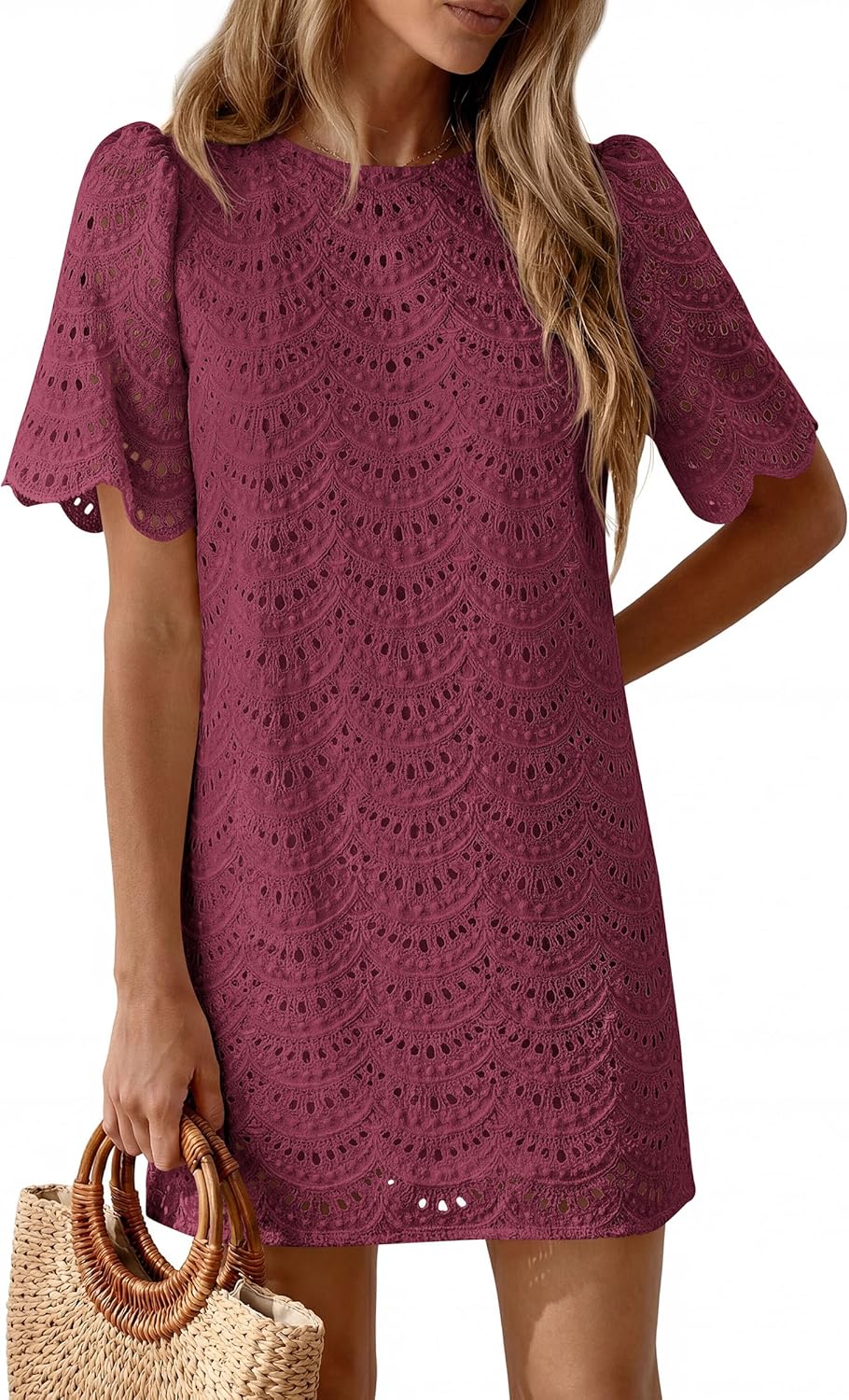 PRETTYGARDEN Women's 2026 Summer Casual Short Dresses Embroidered Lace Short Sleeve Boho Mini Dress Beach Vacation Clothes