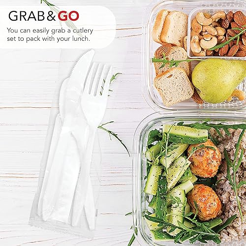 Miniatura 10 de Party Essentials Cubiertos de plástico envueltos individualmentekits de cubiertos, tenedor blancocucharacuchilloservilletasalpimienta, 100 juegos