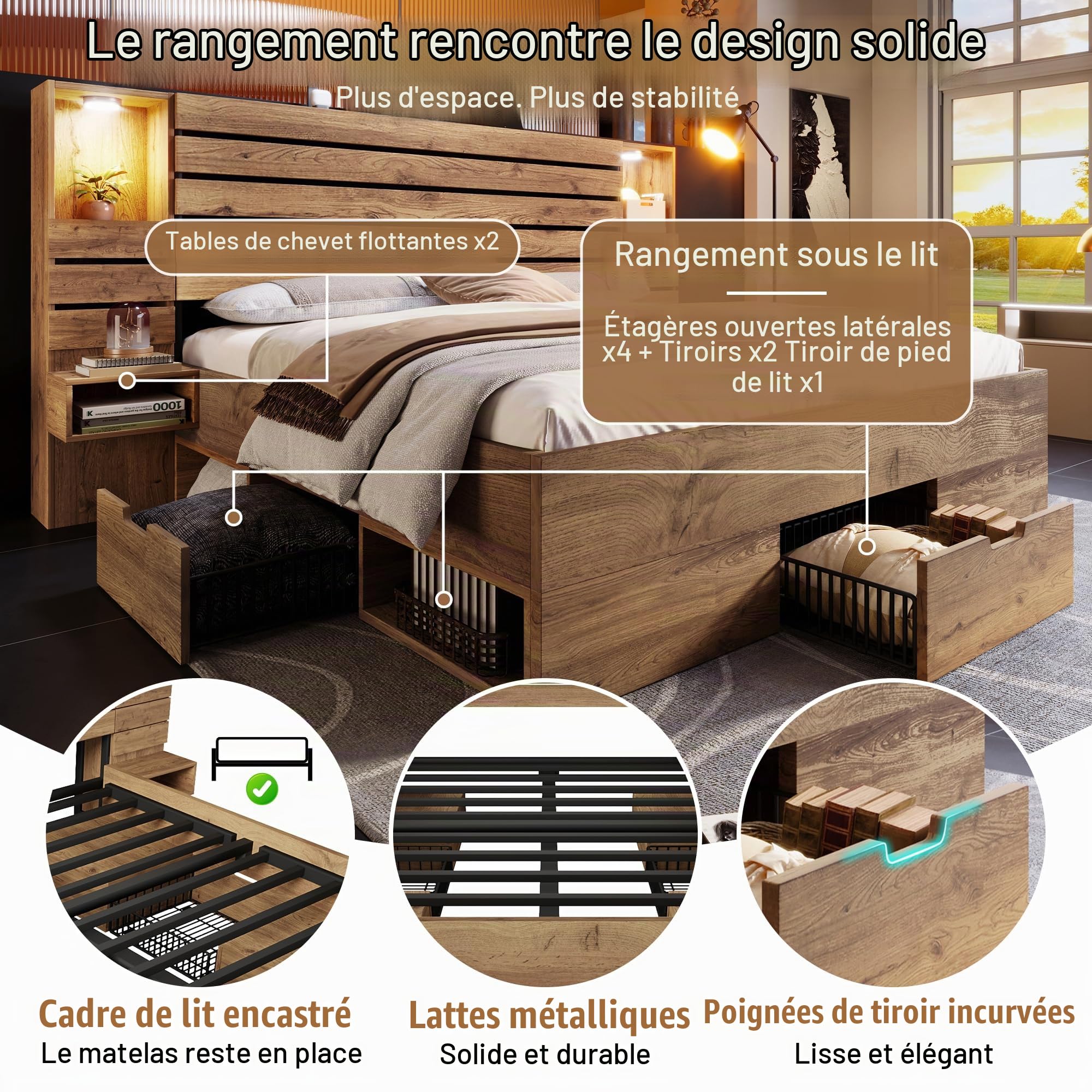 Lit 160x200 cm avec Rangement,Lits et Cadre de Lit pour Adulte Bois avec 4 Tiroirs,Tables de Chevet Suspendues,LED et USB Type-C,Lit Double Aspect chêne(sans Matelas)