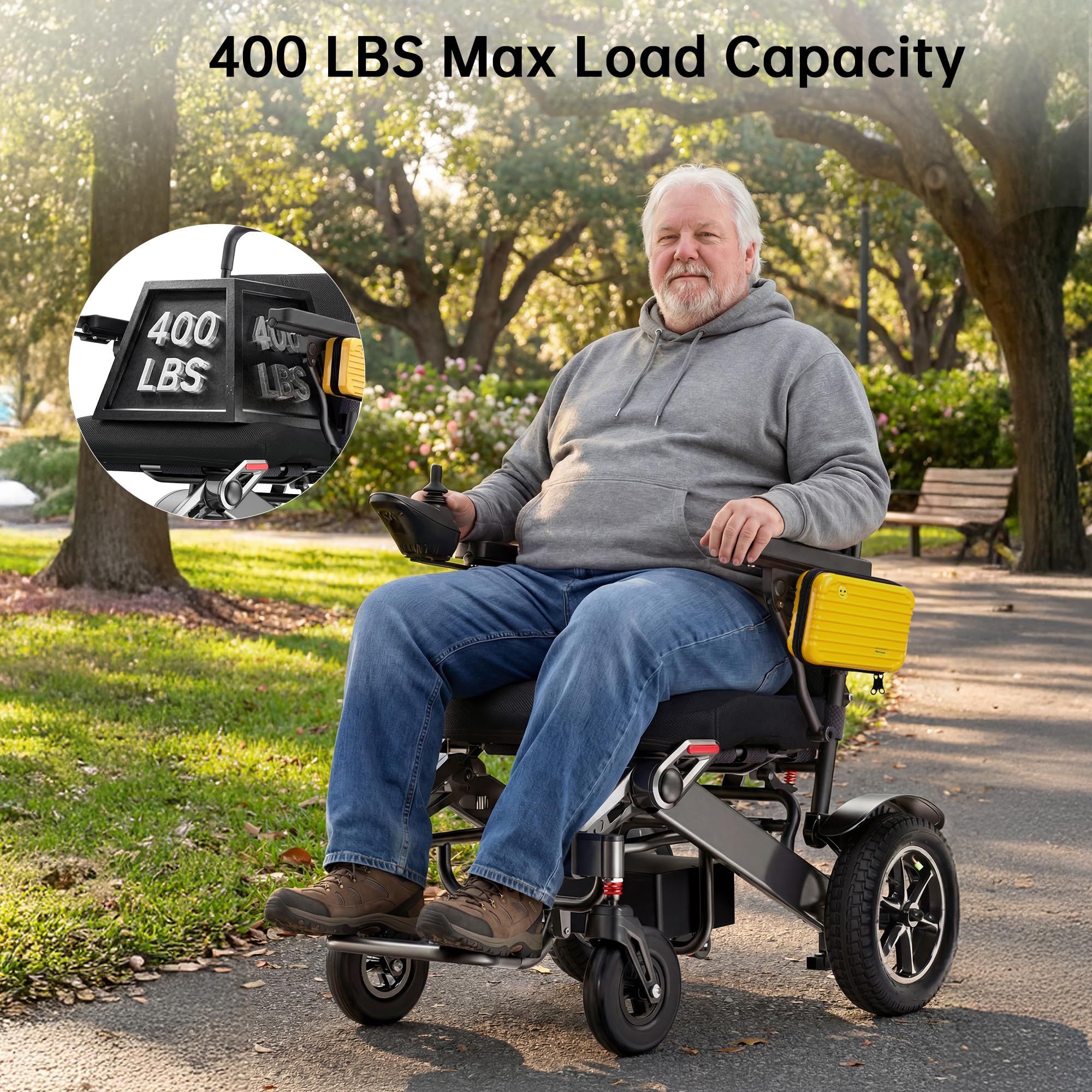 Silla de Ruedas Eléctrica para Adultos 182 kg, Autonomía 48 km, Silla de Ruedas Eléctrica con Batería 25 Ah, Silla de Ruedas Eléctrica Plegable con Ruedas Inflables 32 cm para Exterior/Compras, Negro