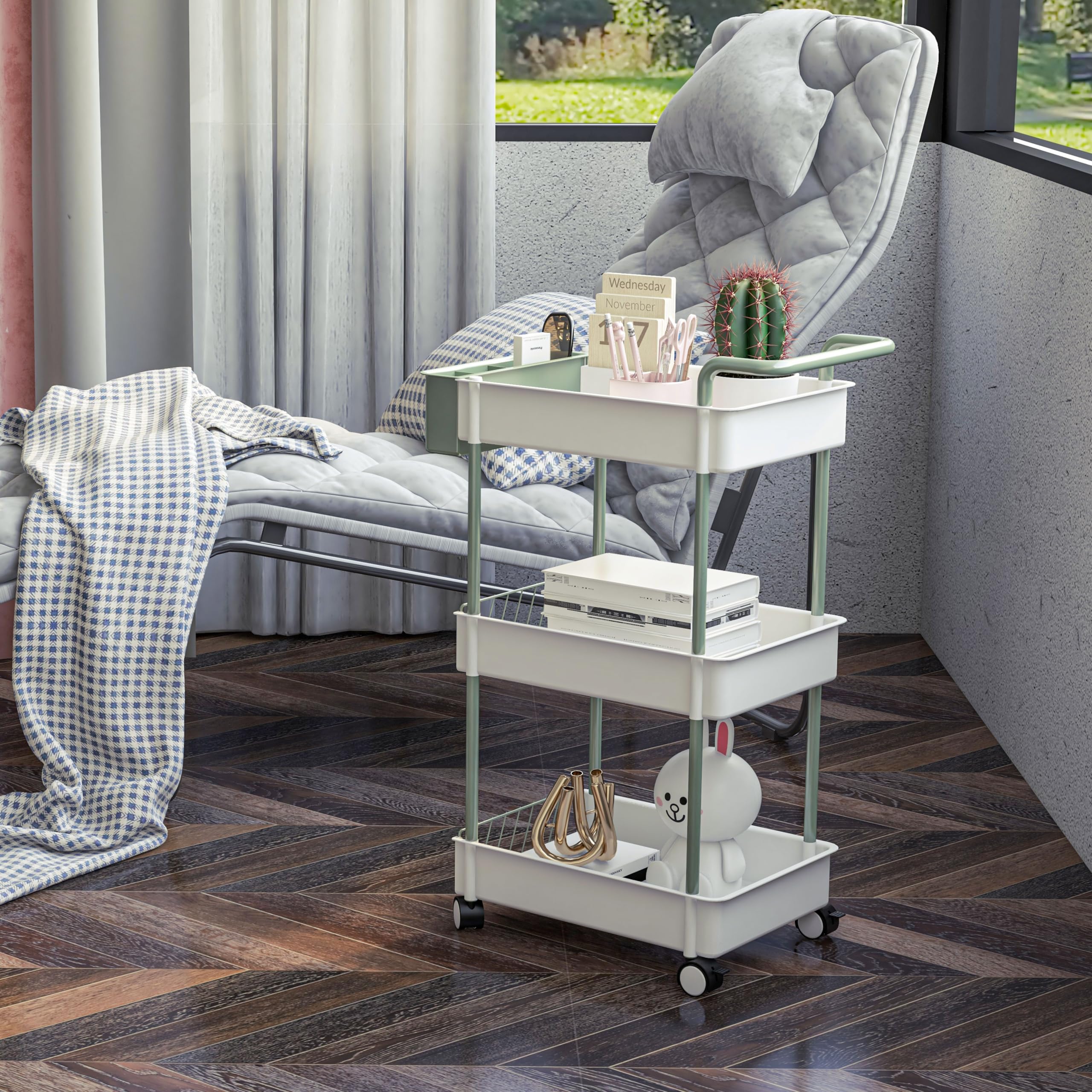 HOMCOM Carrito de Almacenamiento Carro Auxiliar con Ruedas de 3 Niveles Carrito de Cocina con Asa y Caja Extraíble para Baño Oficina Sala Comedor 50x29,4x77 cm Blanco