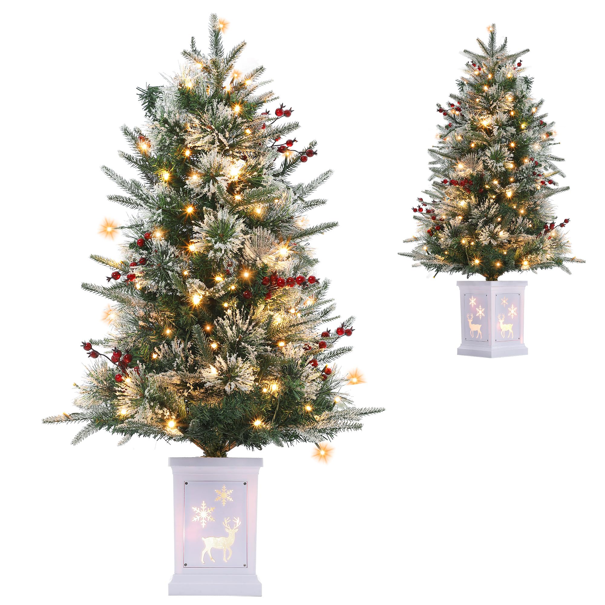 Künstlicher Weihnachtsbaum 125cm – 150 warmweiße & Bunte LEDs, 9 Modi, dichte PVC Zweige, Vintage-Elch-Basis – Weihnachtsdeko für Haus & Büro, inkl. Faseroptik – 4ftH Fiber-Optic Tree-Like Light Box