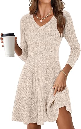 ANRABESS Womens Long Sleeve Fall Ribbed Knit Short Sweater Dress