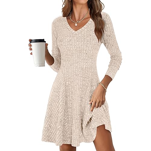 ANRABESS Women Long Sleeve Ribbed Knit Short Dresses 2025 Fall Winter V Neck Casual Swing A Line Sweater Dress