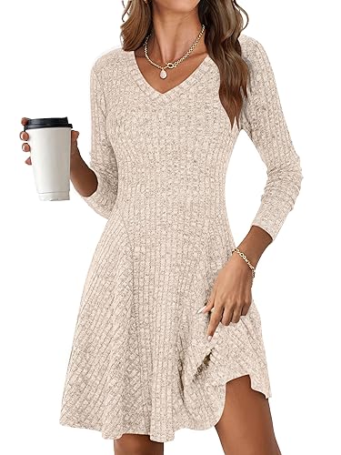 ANRABESS Women Long Sleeve Ribbed Knit Short Dresses 2026 Spring