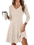 Women Long Sleeve Ribbed Knit Short Dresses 2025 Fall Winter V Neck Casual Swing A Line Sweater Dress
