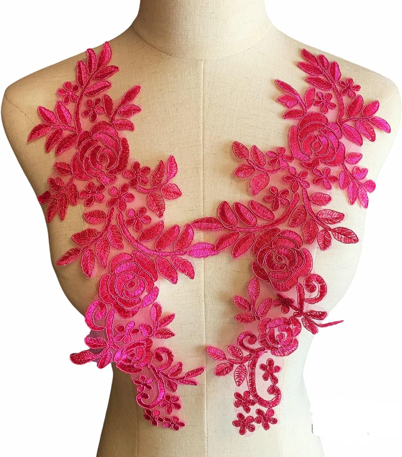 Heyiwell 1 Pair 3D Lace Applique Floral Sew on Embroidery Lace Patches for Wedding Dress Sewing Accessories DIY Lace Decoration 13.75 x 5.7Inch,Rose Red