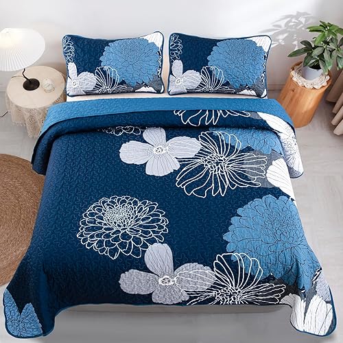 Miniatura 3 de Juego de edredón de 3 piezas con patrón floral azul marino, tamaño Queen, juego de ropa de cama reversible de microfibra con patrón de flores