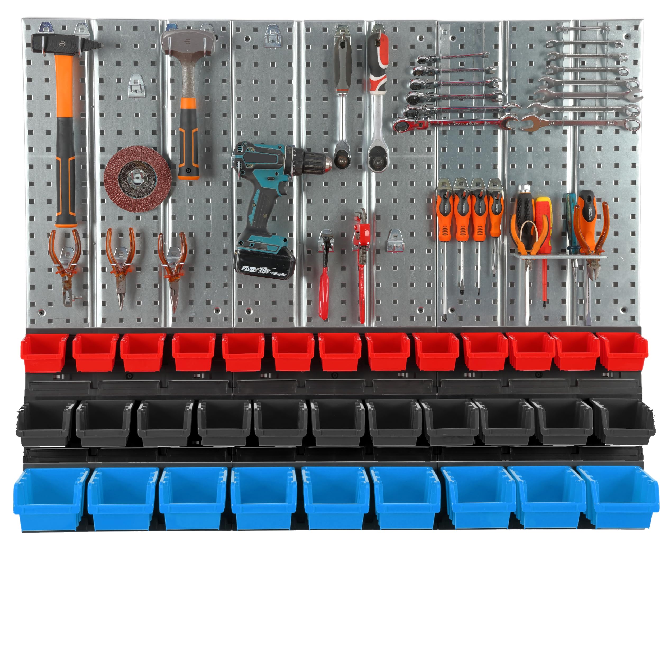 Parete degli attrezzi in metallo, 116 x 99 cm, sistema di stoccaggio con portautensili, 33 scatole, gancio per attrezzi, per officina, garage, utensili elettrici, parete forata, mensola da parete