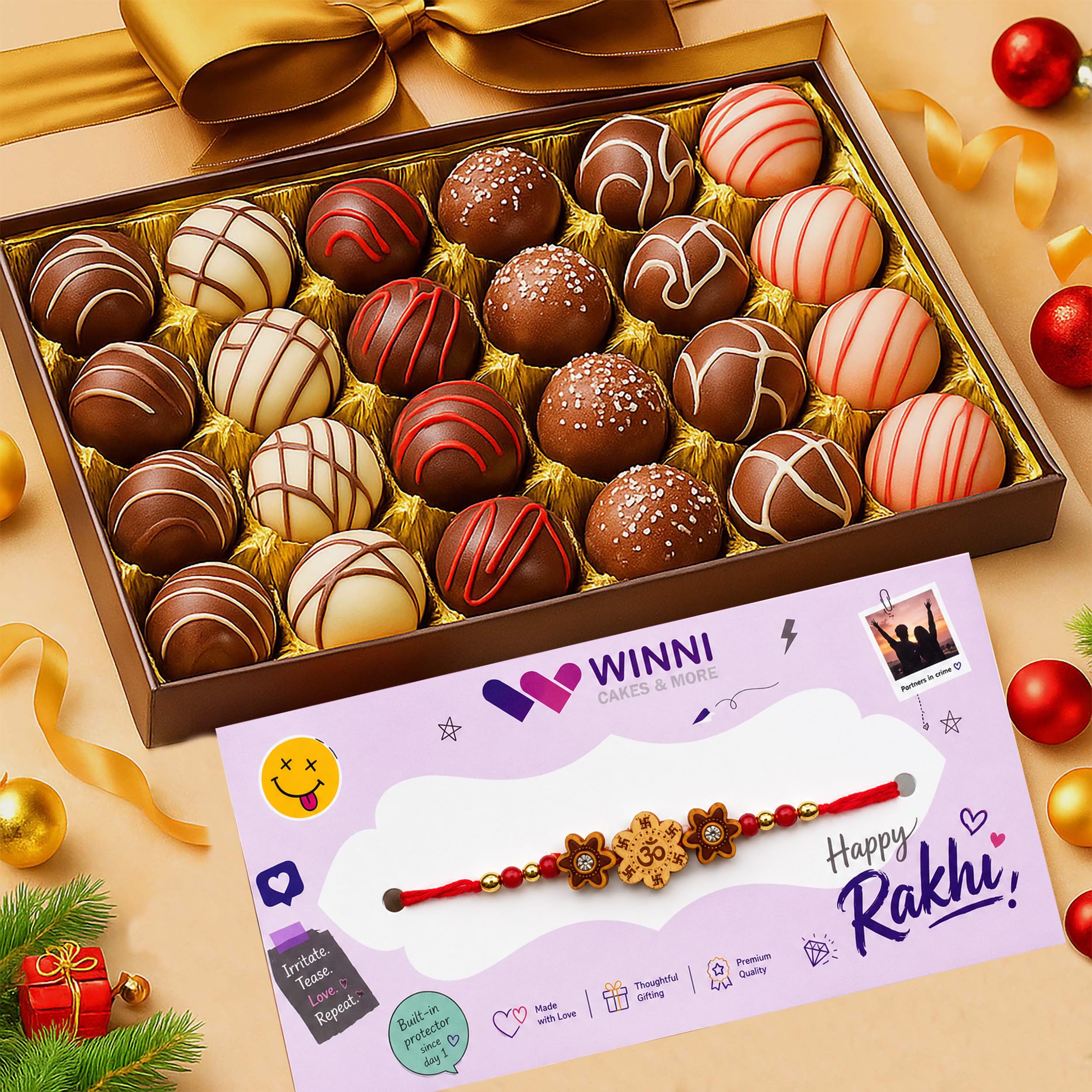 WINNI - Premium 24 Pcs Truffle Chocolates + Rakhi Pack | Rakhi Gift For Brother & Sister | Belgian Dark Chocolate Gift | Celebration Chocolate Gift Hamper | Rakhi Gift For Girls, Boys, Brother, Sister, Kids, Bhaiya, Bhabhi | Rakhi Gift Set | Raksha Bandhan Celebration Gift | Chocolates Bouquet | Return Gift Box-image-21