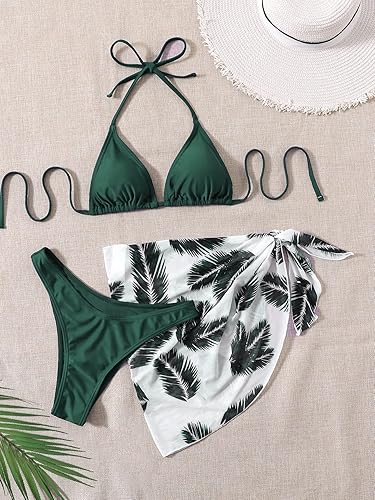 Miniatura 3 de Cozyease Traje de baño sexy de 3 piezas para mujer, conjunto de bikini triangular con falda de playa con cubierta de malla