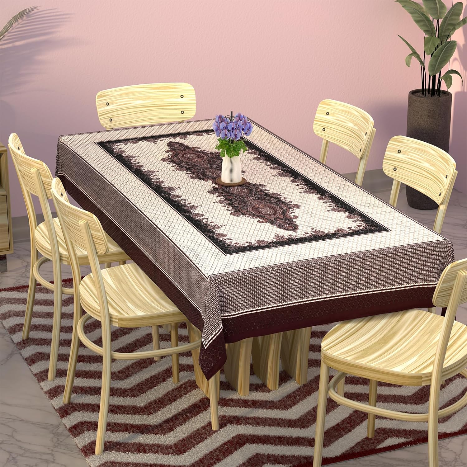 Kuber Industries 6 Seater Cotton Dining Table Cover with Net Design | Festive Dinner Table Cloth For Living Room and Hall | Cream & Black