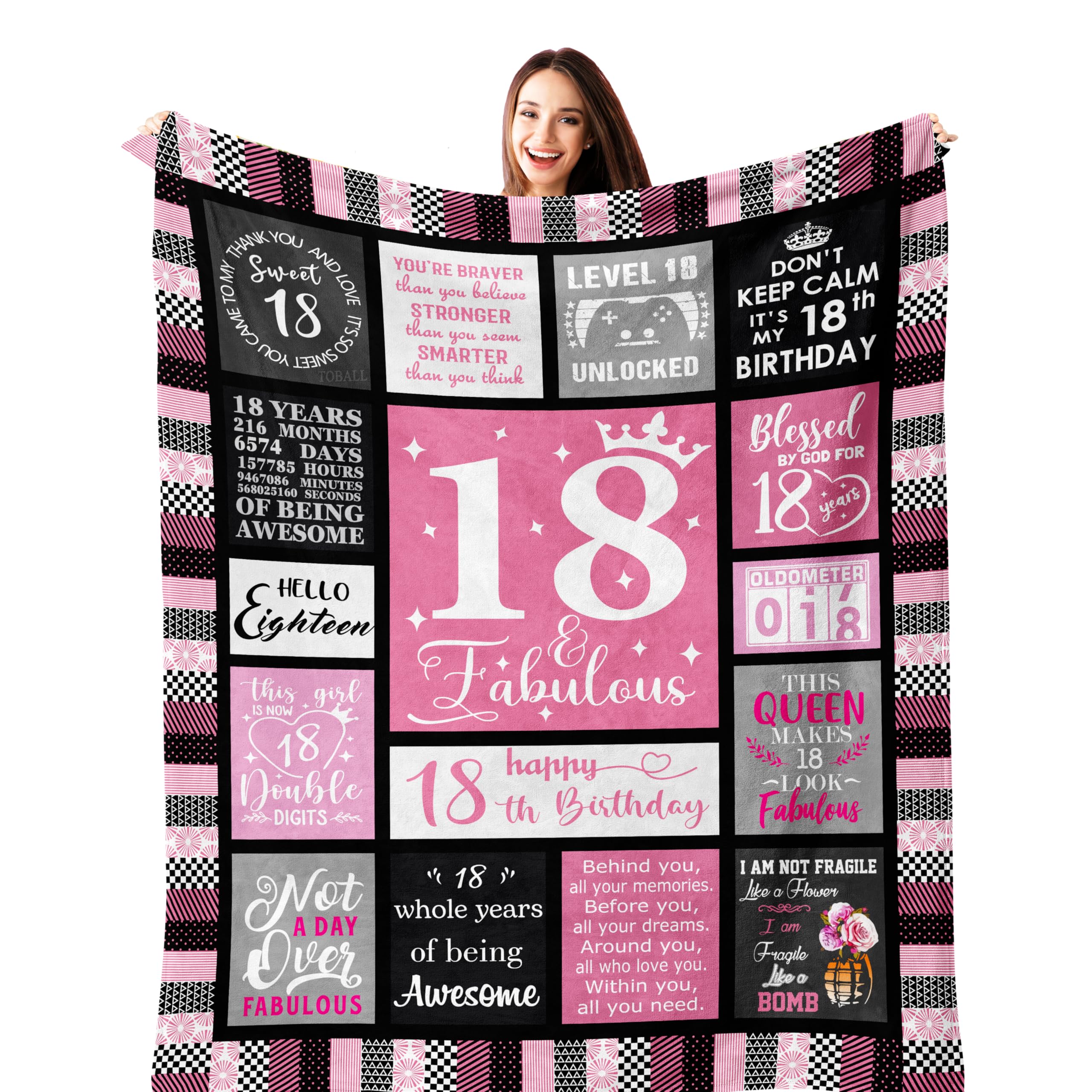 TOBALL 18th Birthday Gifts for Girls, 18 Year Old Girl Gifts for Daughter/Friend/Sister, Special 18th Birthday Presents, Turning 18 Unique Presents Decorations, Happy 18th girls Blanket 150x130CM