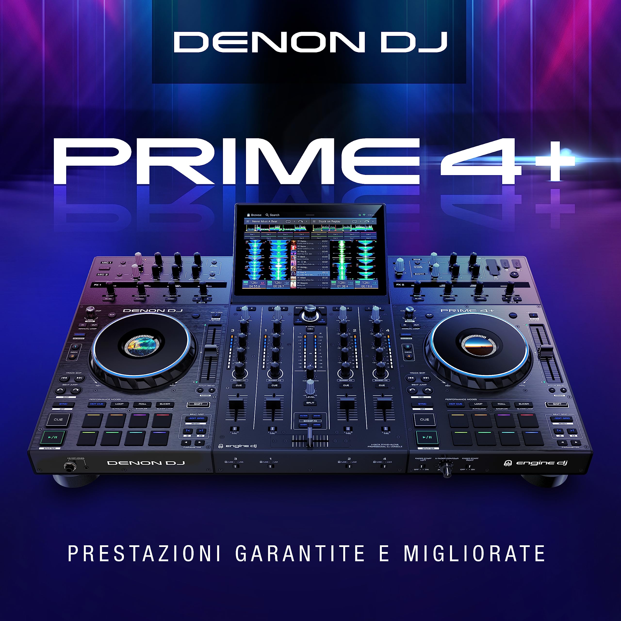 Denon DJ PRIME 4+ Controller 4-Deck Stem Separation Wi-Fi Mixer Drop Sampler 10.1" Touchscreen Luci Nero