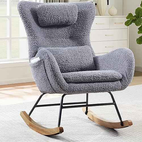 Mecedora pequeña para guardería, moderna silla mecedora con respaldo alto, cómoda silla deslizante con reposacabezas y almohada (gris)