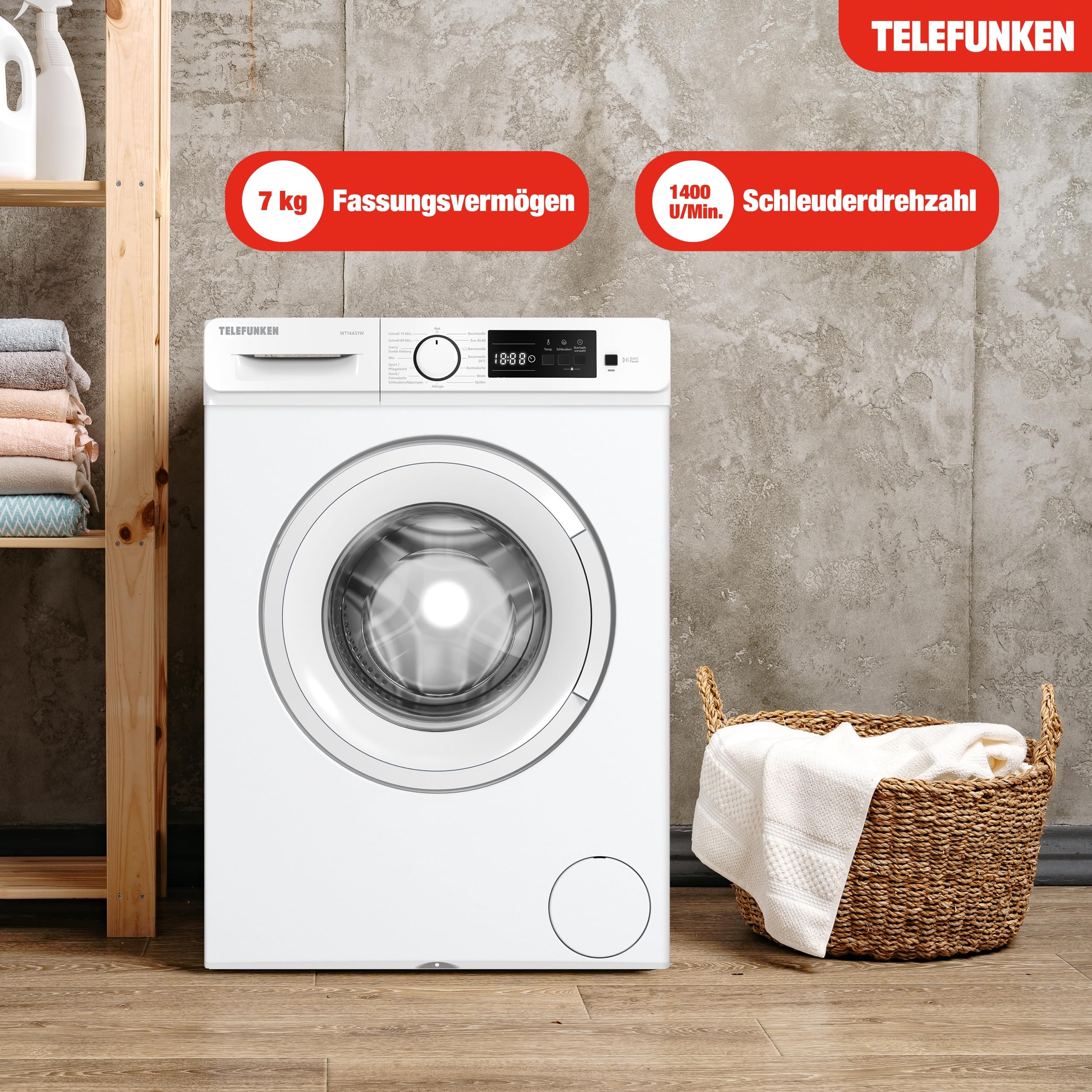 Telefunken Waschmaschine 7kg Frontlader 1400 U/Min Energieklasse A Inverter Motor AquaStop LED-Display weiß
