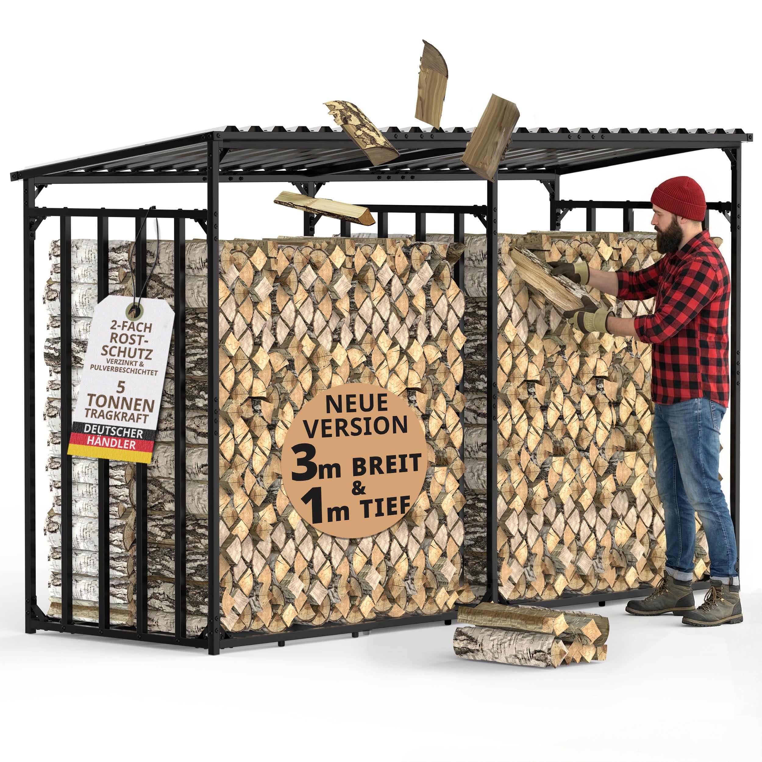 Kaminholzregal aussen Metall mit Dach 300x105x185cm für 1m I 33cm I 25cm Brennholz Stapelhilfe verzinkt 3m wetterfestes Feuerholz Garten Regal für draußen Holzunterstand 5m³ Holzlager (3m mit Plane) - 2
