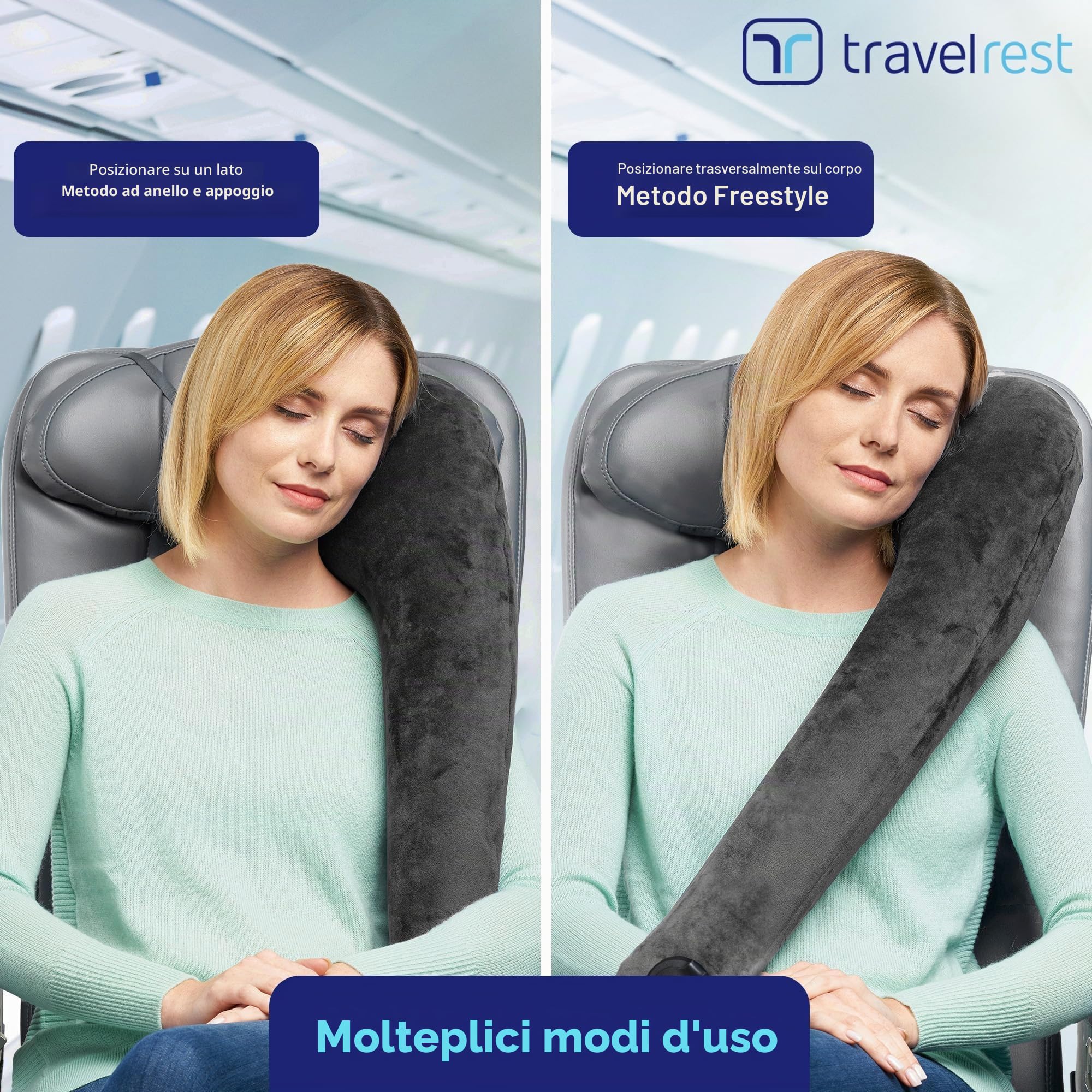 TRAVELREST All-in-One Cuscino da Viaggio Verticale Pieghevole Lavabile Leggero con Cintura – Gonfiabile, Sostiene Testa e Collo Per Viaggio in Aereo, Treno, Pullman – Innovativo Design Ergonomico