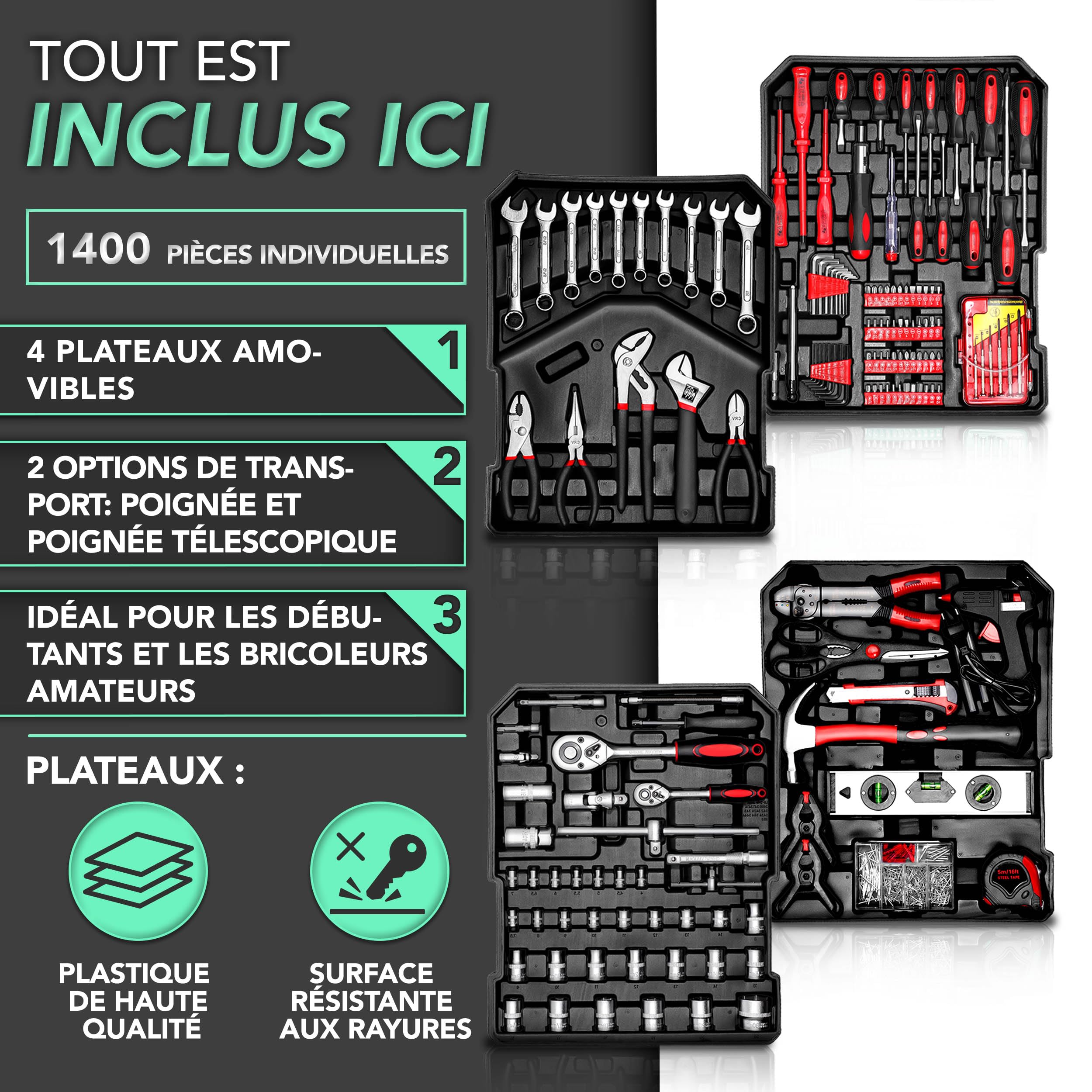 TRESKO Boite à Outils 1400 pièces en Chrome Vanadium | avec mallette en aluminium et poignée télescopique (Argent)
