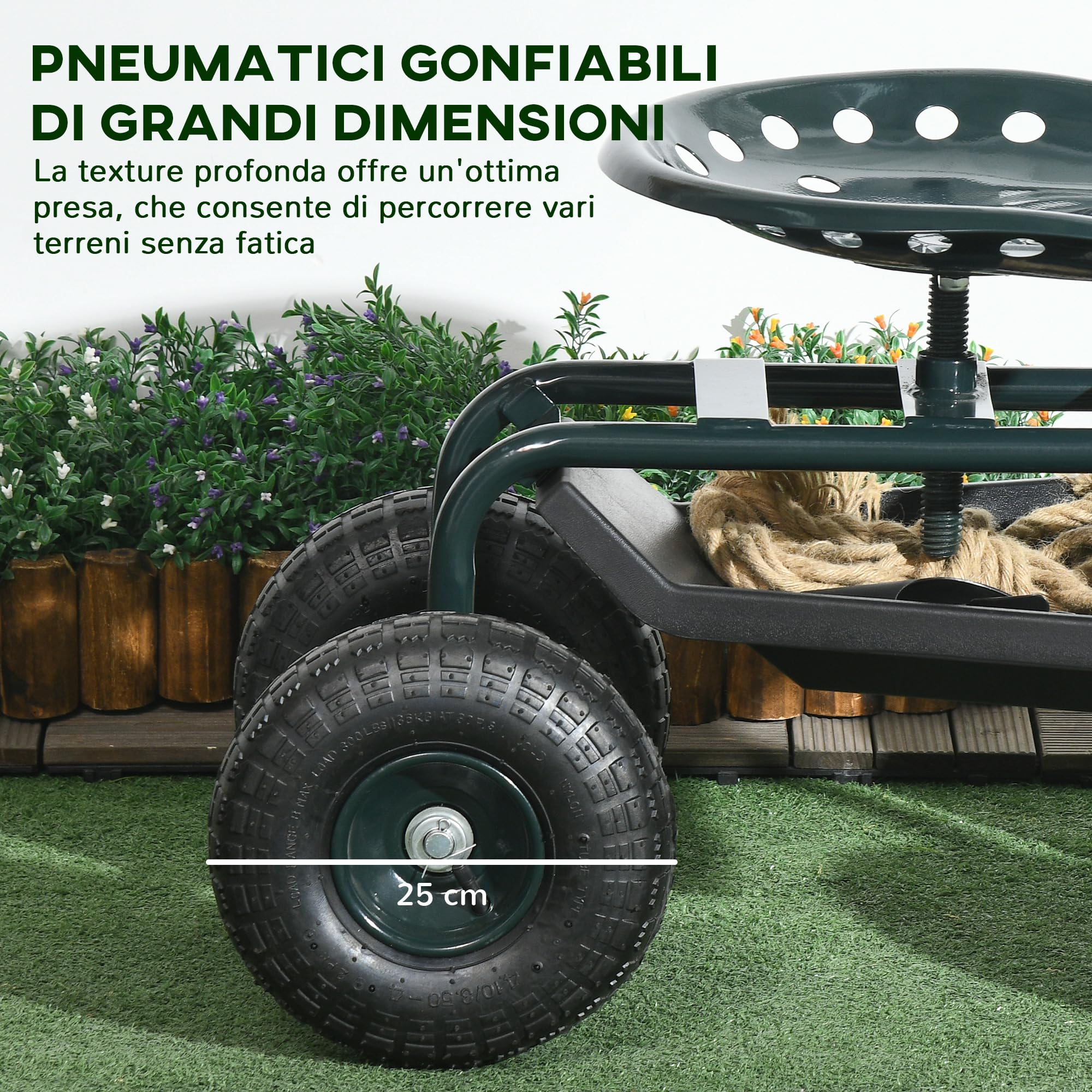Outsunny Carrello da Giardino con Sedile Regolabile in Altezza e Vassoio Inferiore Porta Attrezzi, Sgabello da Giardinaggio con Ruote Grandi, per Esterno, Patio e Giardino, Verde Scuro