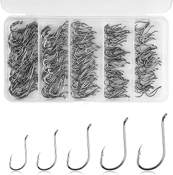 Octopus Fishing Hooks, 300pcs Circle Hooks J Hooks Saltwater Octopus Beak Offset Fishing Hooks Black High Carbon Steel Strong for Bass Trout Fishing