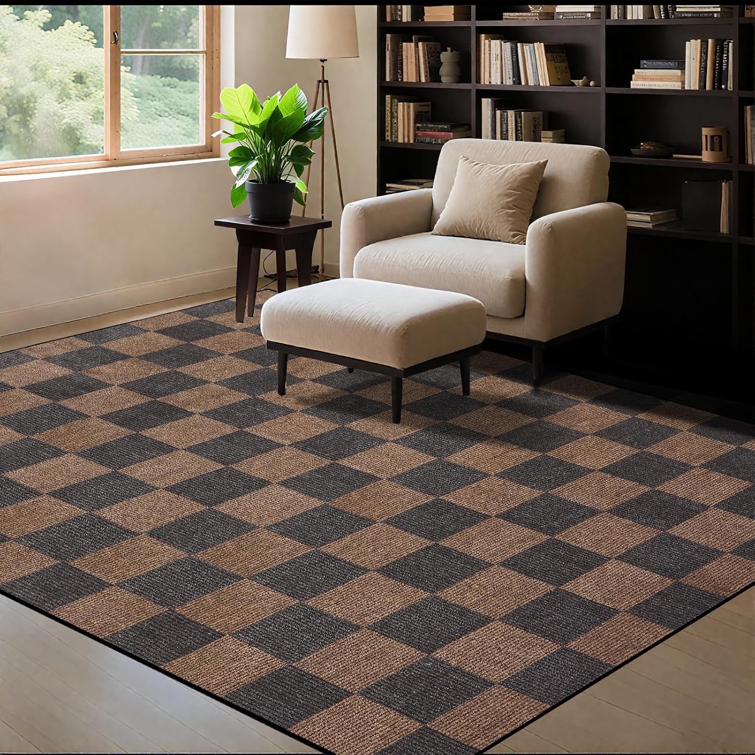 Washable Rug 8x10 Checkered Rug, Black and Brown Area Rug, Boho Large Rugs for Living Room, Low Pile Lightweight Indoor Carpet with Non-Slip Backing for Bedroom Classroom Playroom Kids