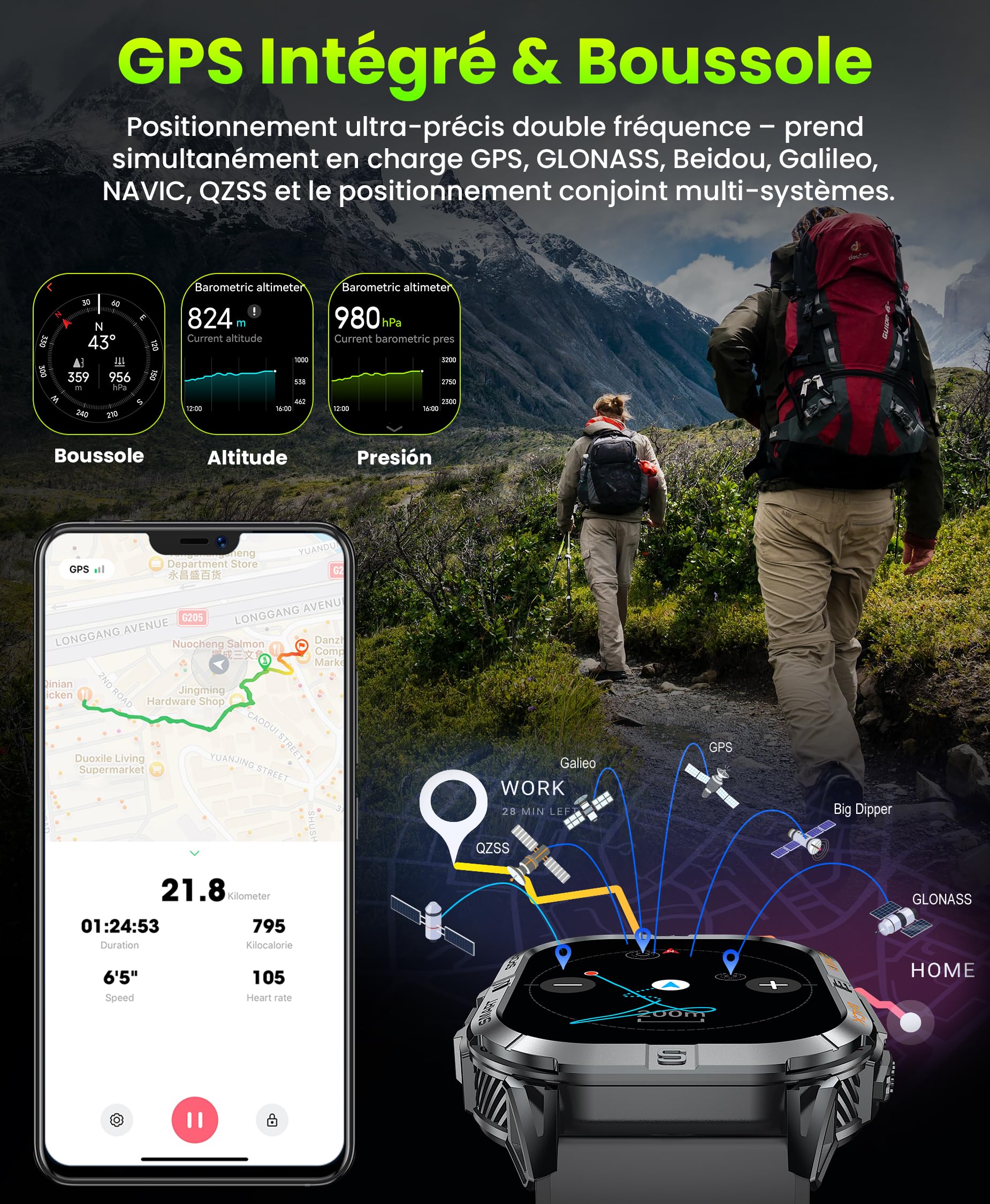 GPS Montre Connectée Homme, 2,13" AMOLED Militaire Smartwatch avec Torche LED/Boussole/100+ Modes Sportifs/580mAh Batterie/Surveillance Santé/Appels Bluetooth pour Android iOS (Noir)