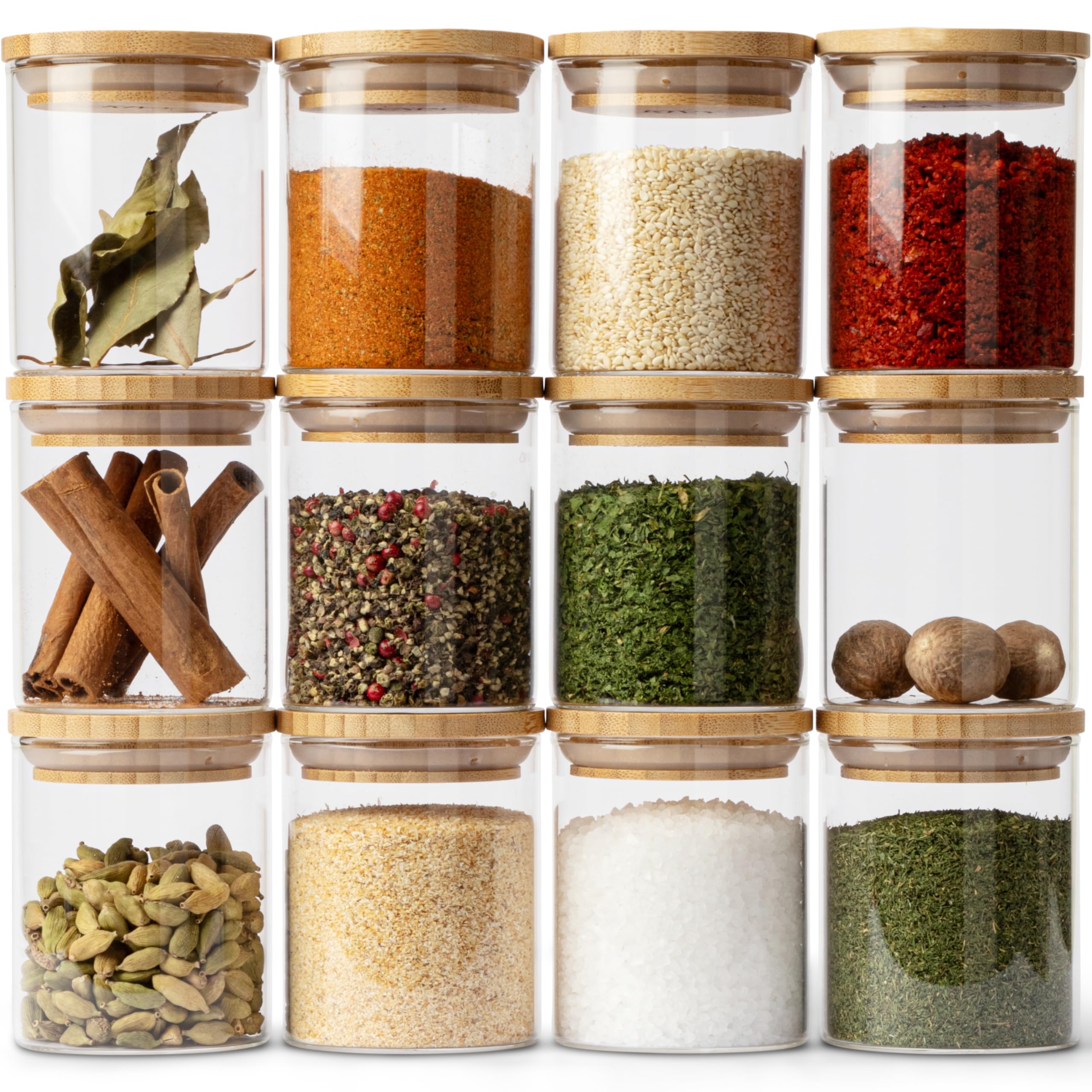 KIVY® Rustic Modern Spice Jars Set [12 x 150 ml] - Stackable Glass Spice Jars - Spice Container Set Round - Spice Storage - Small - 8.5 cm (Diameter) x 6.5 cm (Height)