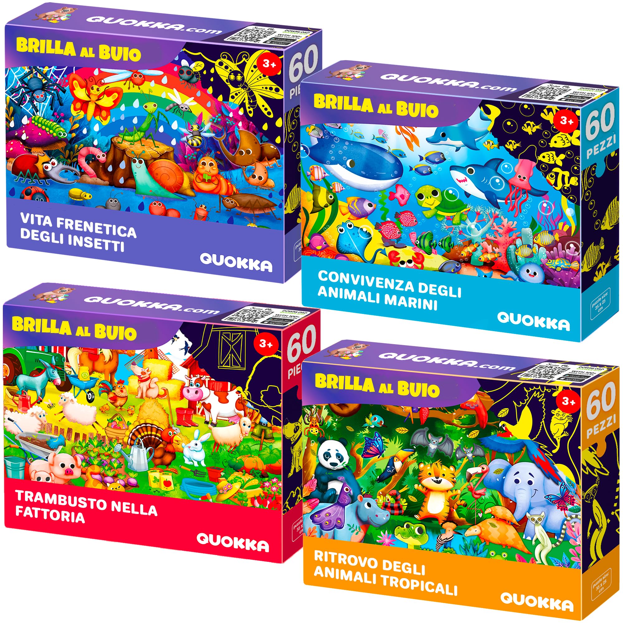 QUOKKA Puzzle Bambini 4 5 6 Anni – 4x60 Pezzi Puzzle Fluorescenti 3 4 Anni – Giocattoli Colorati con Fattoria Tropicale Oceano Animali e Uccelli – Giochi Educativi Regalo per Bambini e Bambine 6 7 8