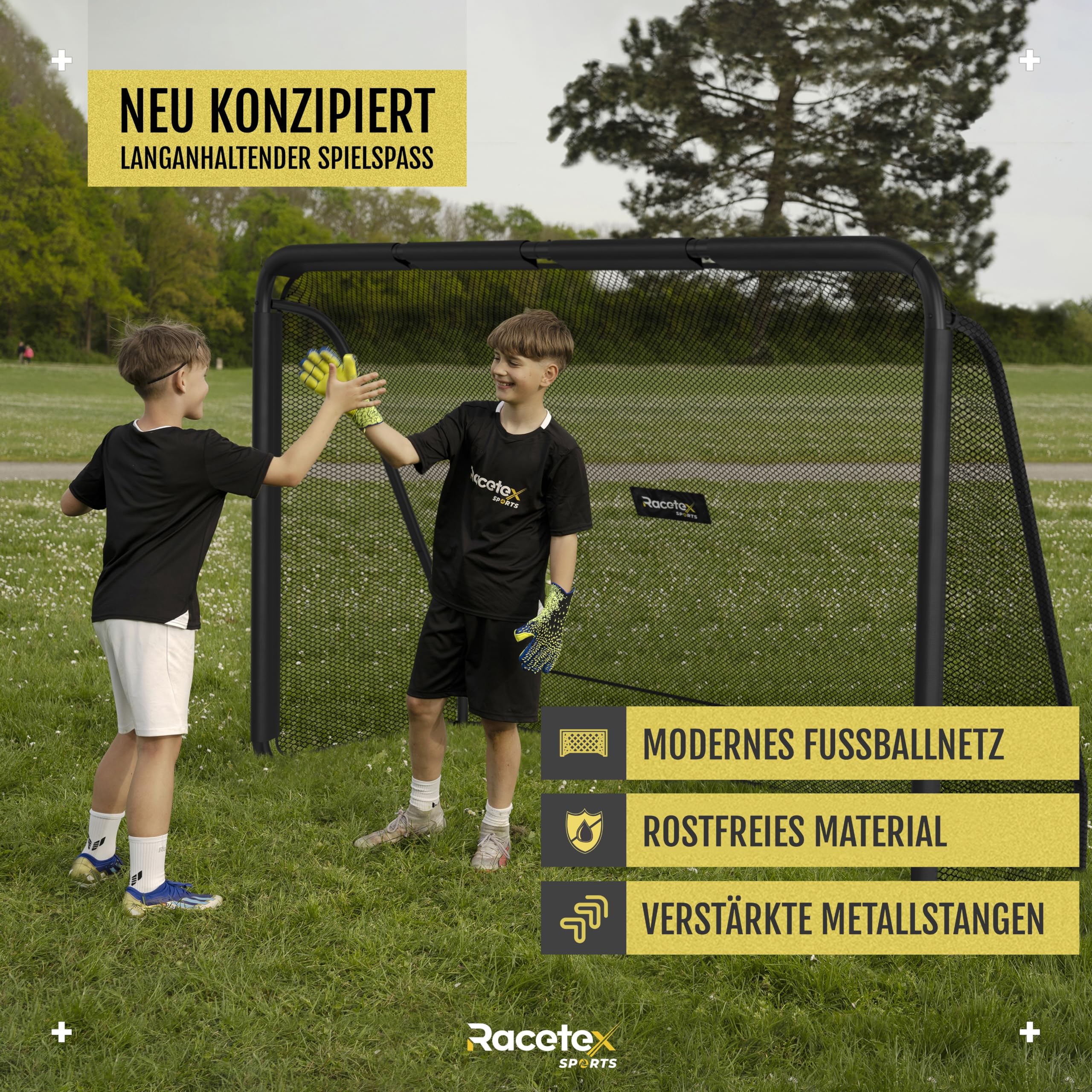 Racetex Fussballtore für Garten Kinder und Erwachsene [MODERNES Design] - Fußballtor Kinder mit Stabiler Stahlrahmen Front - Fußballtore Kinder inkl. Edelstahl Erdankern - Fußball Tor