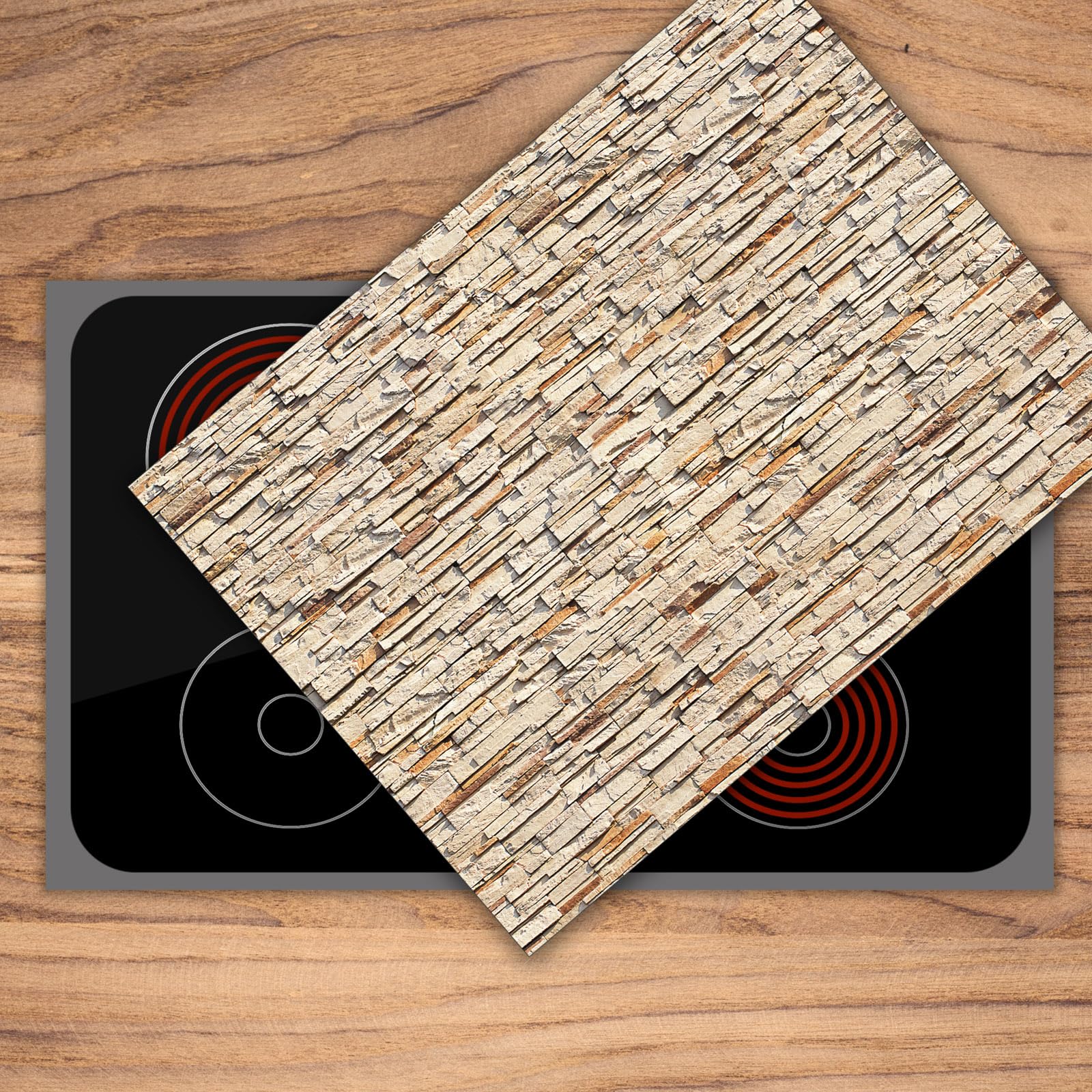 Protection plaque de cuisson, vitrocéramique, verre trempé, pour cuisinières électrique, à induction,planche à découper Mur en pierre monobloc 70x52 cm beige (111988)