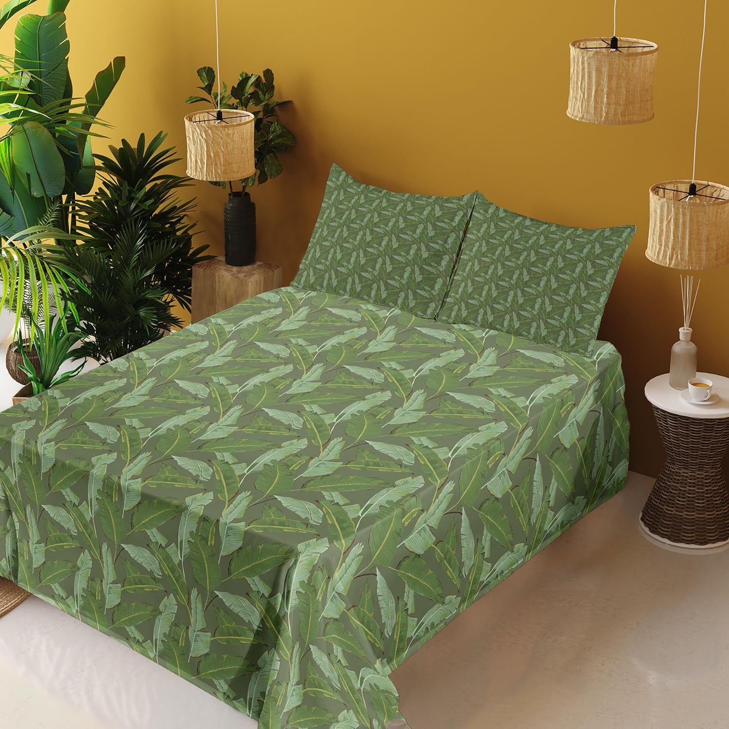 Ambesonne Banana Leaf Sheet Set, Tropical Palm Leaves with Overlapping Banana Leaves, Fitted and Flat Sheet with Pillowcases Bedding Accent 4 Piece Set, Queen, Green Olive